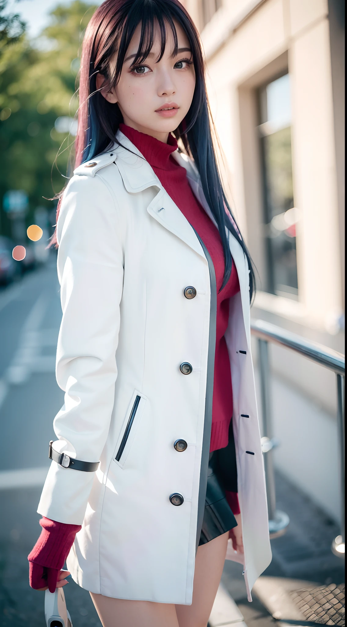 (Best quality,4K,8K,A high resolution,Masterpiece:1.2),Ultra-detailed,(Realistic,Photorealistic,photo-realistic:1.37),Long-range shooting,Blue-haired woman,Hair falls on the left shoulder,Wears a white trench coat lined in red, blackminiskirt,Patterned stockings,High heels,Walking on the street,Portrait,conceptual art,Blurred background,Soft lighting,Vivid tones