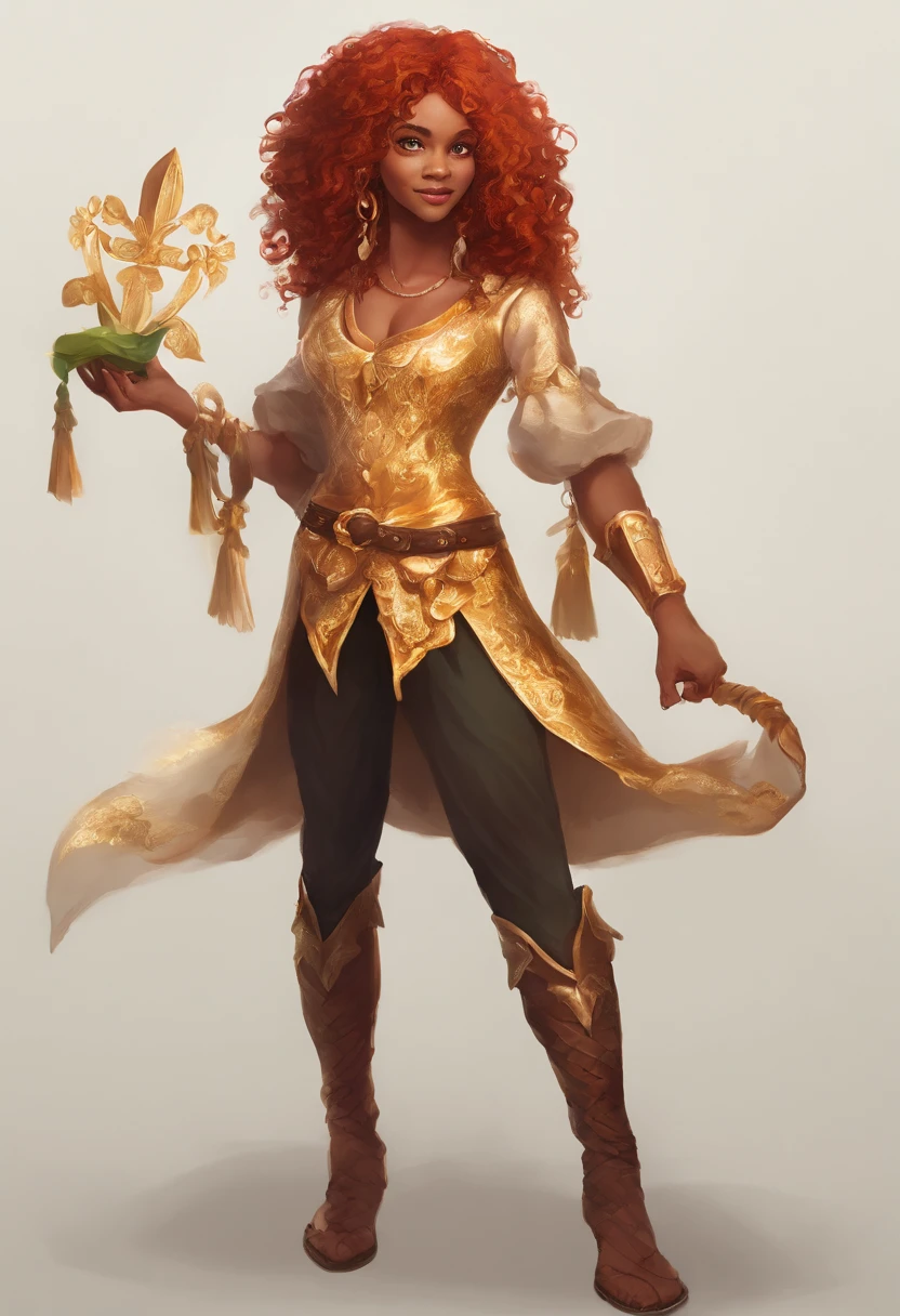 A cheerful 32-year-old woman with wavy red hair and black skin is wearing golden formal clothes, com tons laranja e detalhes amarelados. She exudes confidence and relaxation, using gold accessories that gently tinkle. His posture is stripped down and confident, ready for imaginary adventures. Despite the formal appearance, Their clothes are adapted for imaginary combat, enquanto seu olhar curioso e aventureiro a define como uma jovem destemida.