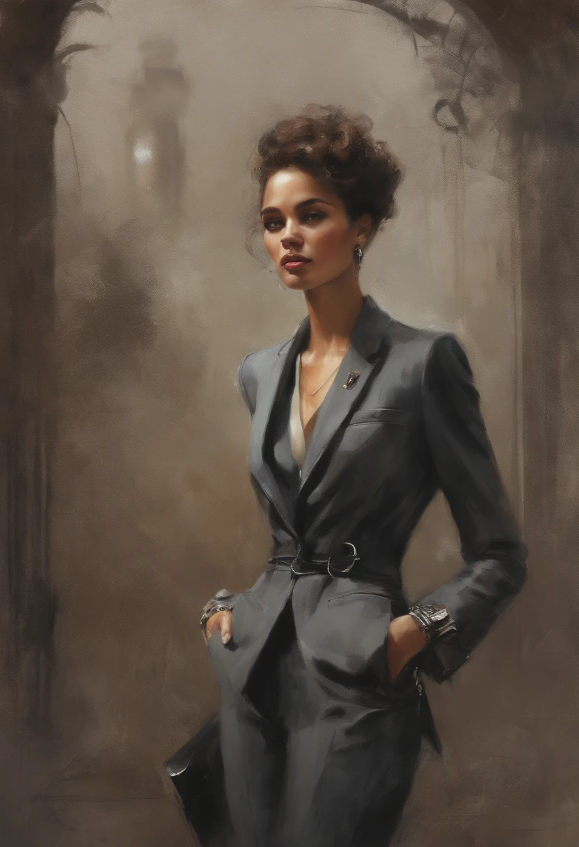 tailored, charcoal-gray pantsuit, vintage brooch, silver chain holds a magnifying glass pendant, black leather shoes, Brown skin, Middle aged, full body, children's books illustration style, Simple, Cute, full colored, Works by Carne Griffiths and Wadim Kashin - No Outlines