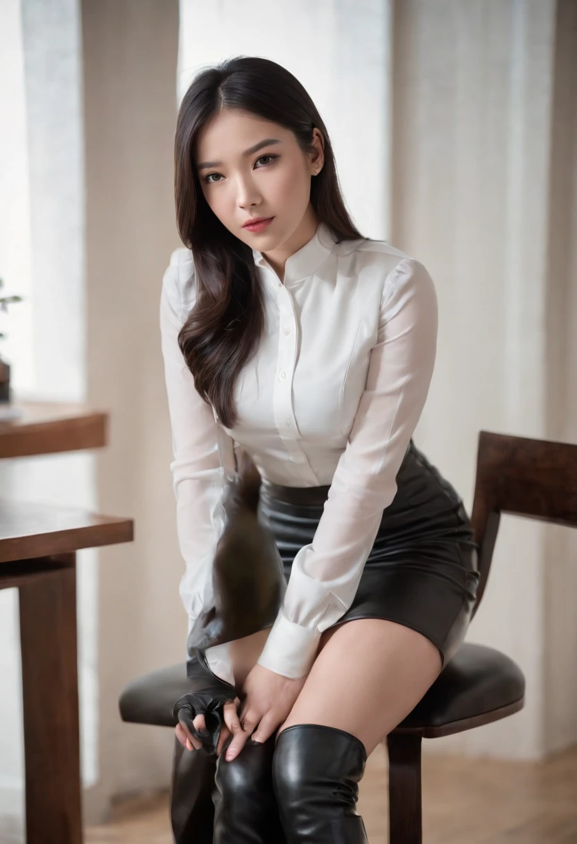 Black leather gloves, black leather tight skirt, white blouse, black leather long boots, Japanese girl with black hair straight, sit on a leather chair with her legs aligned, and her hands are aligned on her knees.