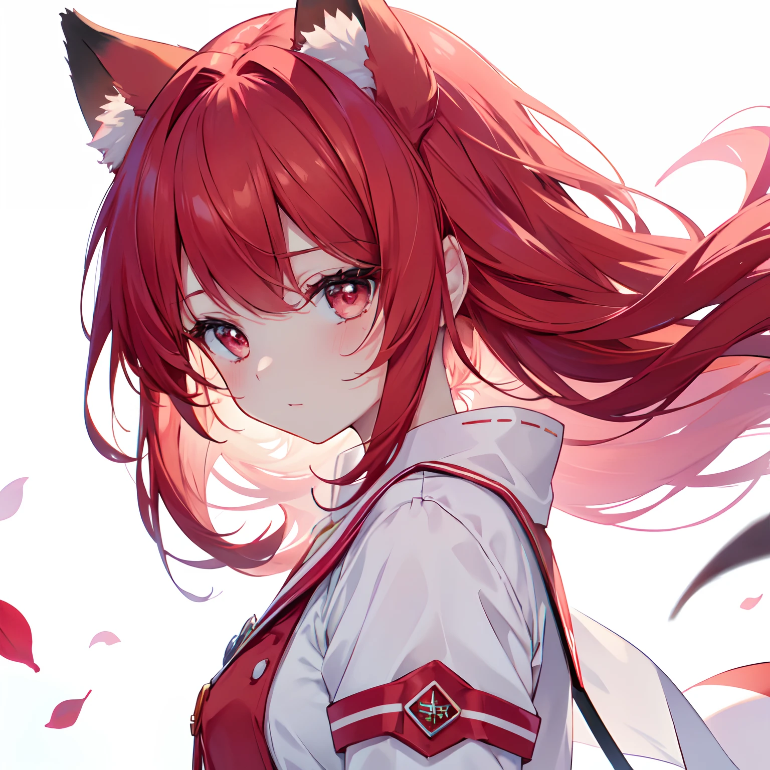 (masterpiece, best quality, bloom, warm soft light, modern, hi-tech), from side, 1girl, (white background), red school uniform, beautiful detailed face, red hair, fox ears, (red ruby eyes), (short clothes), looking at another,
