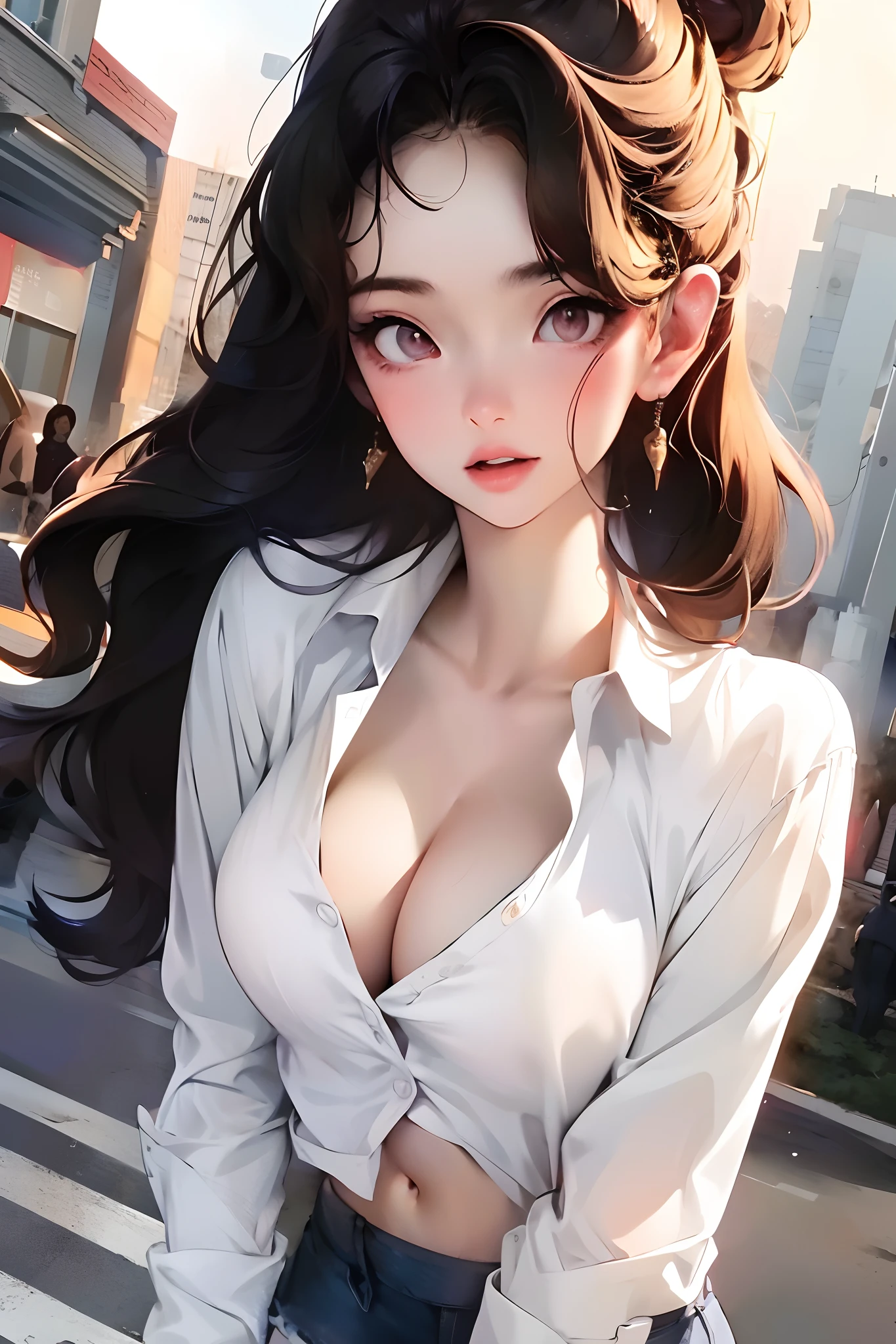 navel, cleavage, (Big chest: 1.2) Features, There is water on the body, Clothes are soaked, ((Ultra mini skirt, Tight body, Public hair is huge, )), White shirt, Tight body, Ultra-thin shirt, (Extra short shirt, heavy rain), Wet clothes, Long hair, Black hair, Wavy hair, Double eyelids, 耳Nipple Ring, No bra, , no underwares, Curved body, Sexy body, Perfect body, ((Realistic lighting, best qualtiy, 8K, tmasterpiece:1.3)), sharp fokus:1.2, 1girll, Beautiful Women with Perfect Figure:1.4, Slim abs:1.1,Ultra-fine face,Fine eyes,二重まぶた,