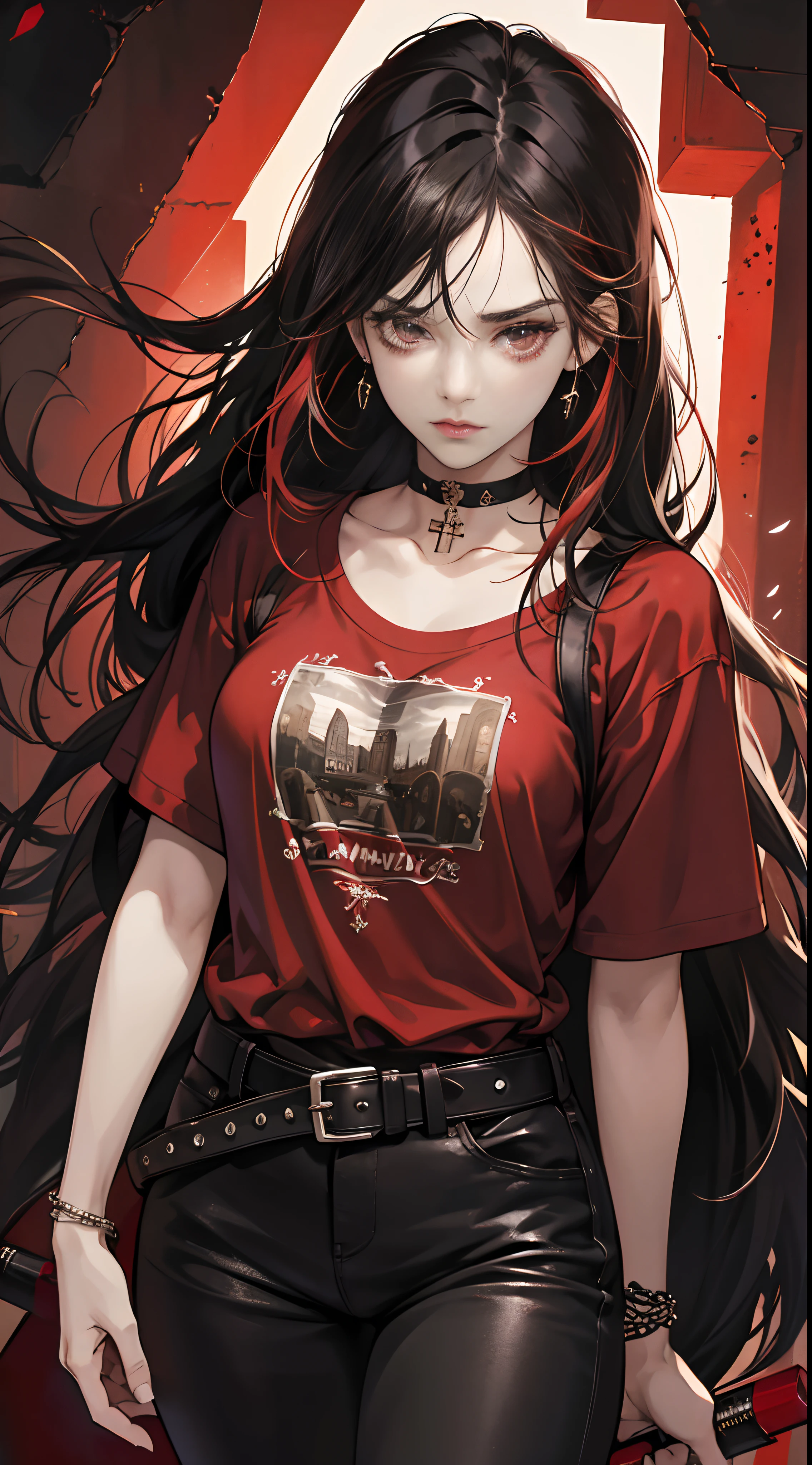 (Best Quality,4K,High resolution), 18yo woman,and drums,  Red highlights on black hair, Long hair, Straight hair, Cool Woman, Sharp eyes, intensegaze, Intricately drawn, Realistic portrayal， gothic atmosphere, Visual kei, Oversized Rock T-Shirt, baggy feeling, Red choker, Tight pants, Leather, cross belt