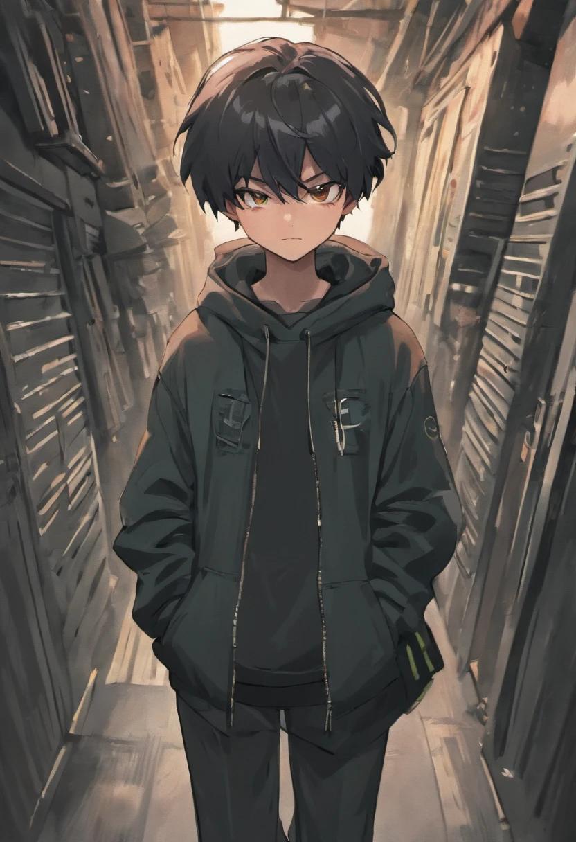 menino estilo cartoon, medium black hair, with a black cap, de olhos marcantes sobrancelhas arqueadas, mascara do noob saibot, corpo com moletom preto e detalhes verdes, black pants with green stripes and skateboarder-style sneakers, with cell phone on hand, personagem em cartoon, personagem sentado, personagem deitado, personagem andando, imagem detalhada, imagem de personagem de lofi