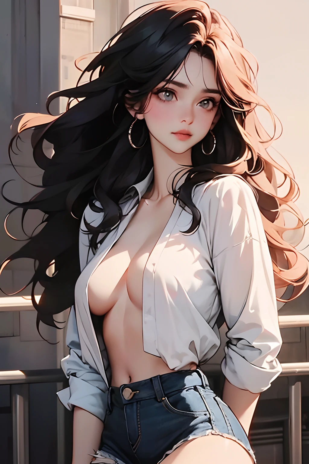 navel, cleavage, (Big chest: 1.2) Features, There is water on the body, Clothes are soaked, ((Ultra mini skirt, Tight body, Public hair is huge, )), White shirt, Tight body, Ultra-thin shirt, (Extra short shirt, heavy rain), Wet clothes, Long hair, Black hair, Wavy hair, Double eyelids, 耳Nipple Ring, No bra, , no underwares, Curved body, Sexy body, Perfect body, ((Realistic lighting, best qualtiy, 8K, tmasterpiece:1.3)), sharp fokus:1.2, 1girll, Beautiful Women with Perfect Figure:1.4, Slim abs:1.1，Ultra-fine face，Fine eyes，二重まぶた，