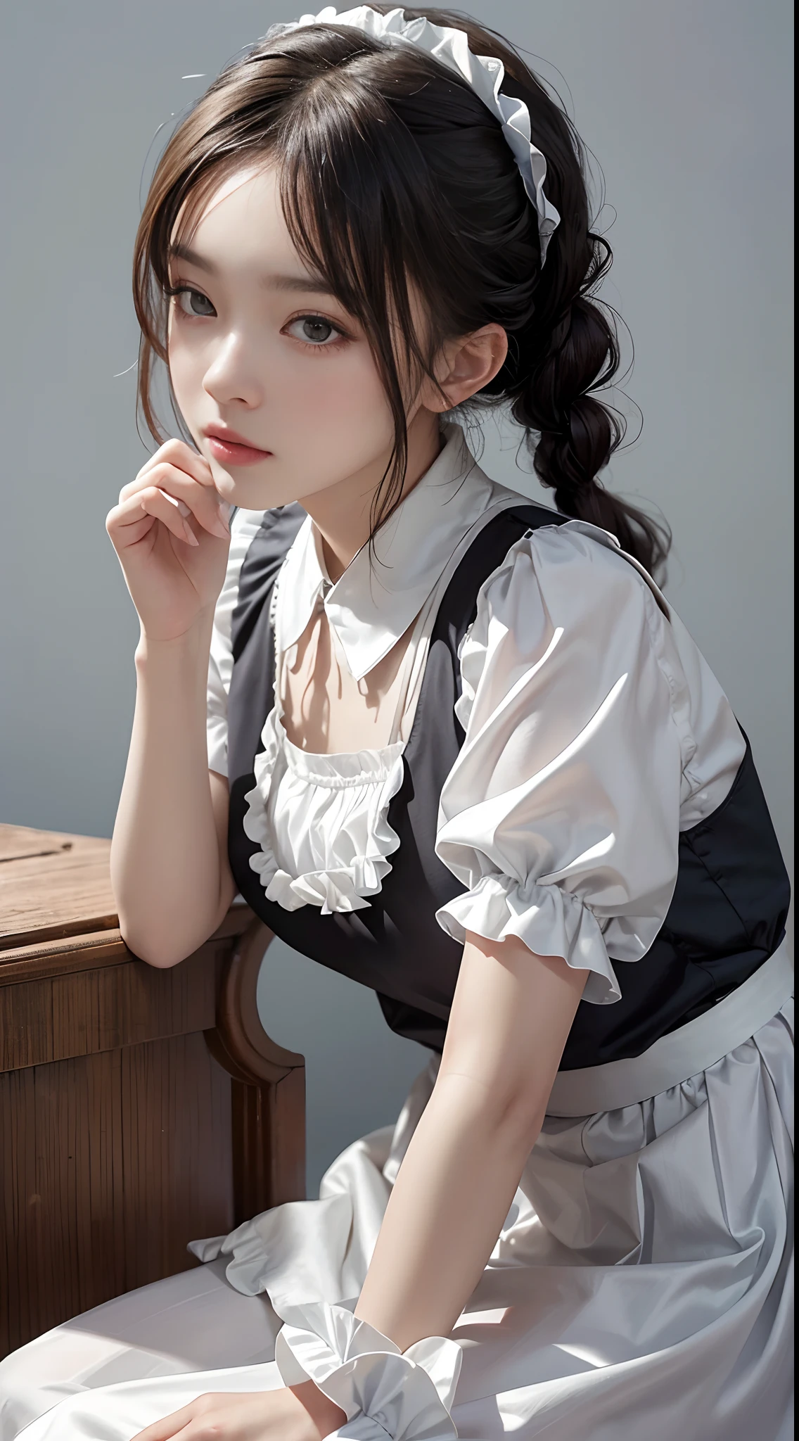 Innocent 20 year old girl、((Maids, A dark-haired, pinafore, Maid headdress, Single hair bun, Hair buns, maid apronl, Dramatic poses)),Smile,tmodern room background,short-cut、Raw photo, (8K、top-quality、masterpiece:1.2)、(intricate detailes:1.4)、(Photorealsitic:1.4)、octane renderings、Complex 3D rendering ultra detail, Studio Soft Light, Rim Lights, vibrant detail, super detailing, realistic skin textures, Detail Face, Beautiful detail eyes, Very detailed CG Unity 16k wallpaper, make - up, (detailedbackground:1.2), shinny skin, Full body,Hands down