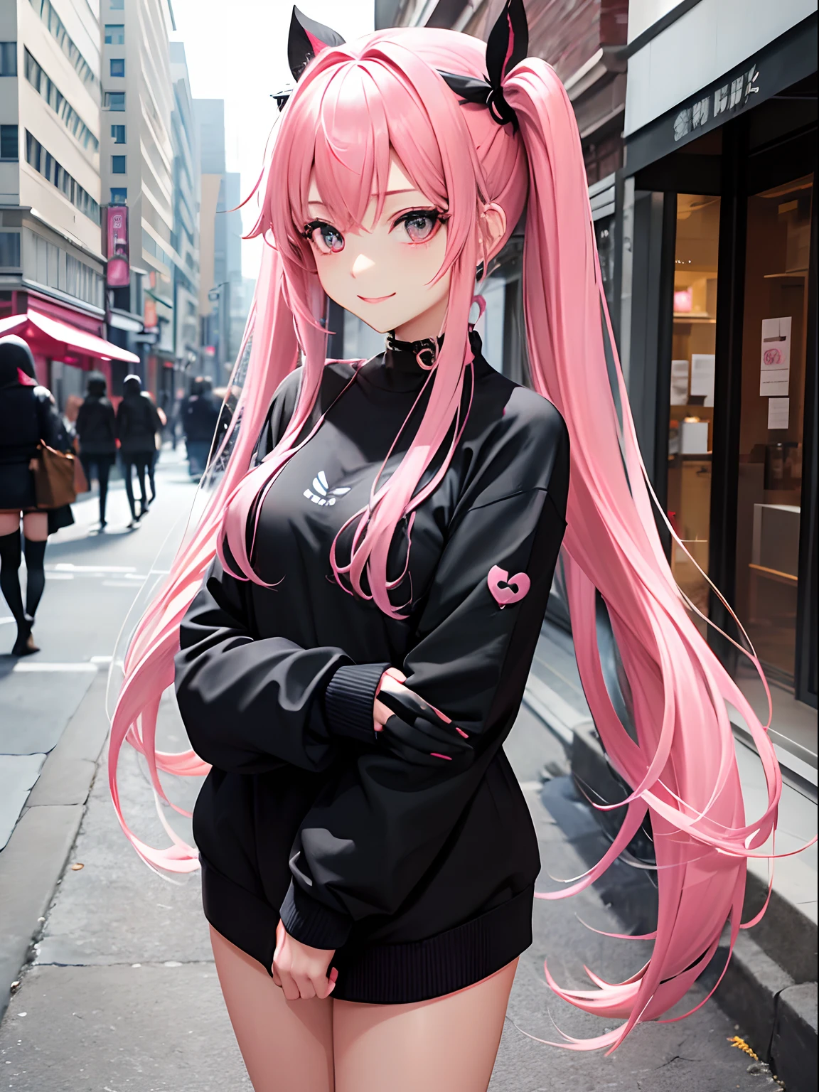 full body Esbian, masutepiece: 1.2, Highest Quality), (Live-action, elaborate details), (1 Lady, a couple（Boyfriend and girlfriend２In person, Upper body,) Clothing: Edgy, Black long jumper, pink miniskirt, long hair with pink twin tails,,,,,、Cool boyfriend in black skin jeans、Backhug her、Avant-garde, Experimental appearance: Long pink twin tail hair 、Heart-shaped choker、The location: bustling city、Solo, Nice smile、Value Creation in Mixed Media Art: individuality, authenticity, create