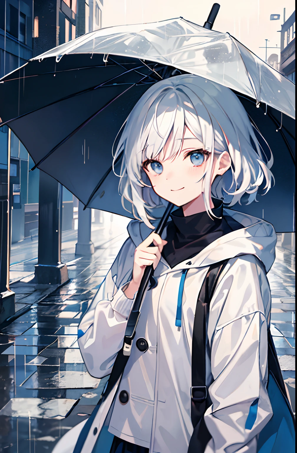 (tmasterpiece、top-quality、illustratio、Extremely high quality、high-level image quality、Extremely sensitive writing)White-haired girl standing in the rain、A slight smile、She was carrying an umbrella、Cute raincoat，Hair fluttering in the wind