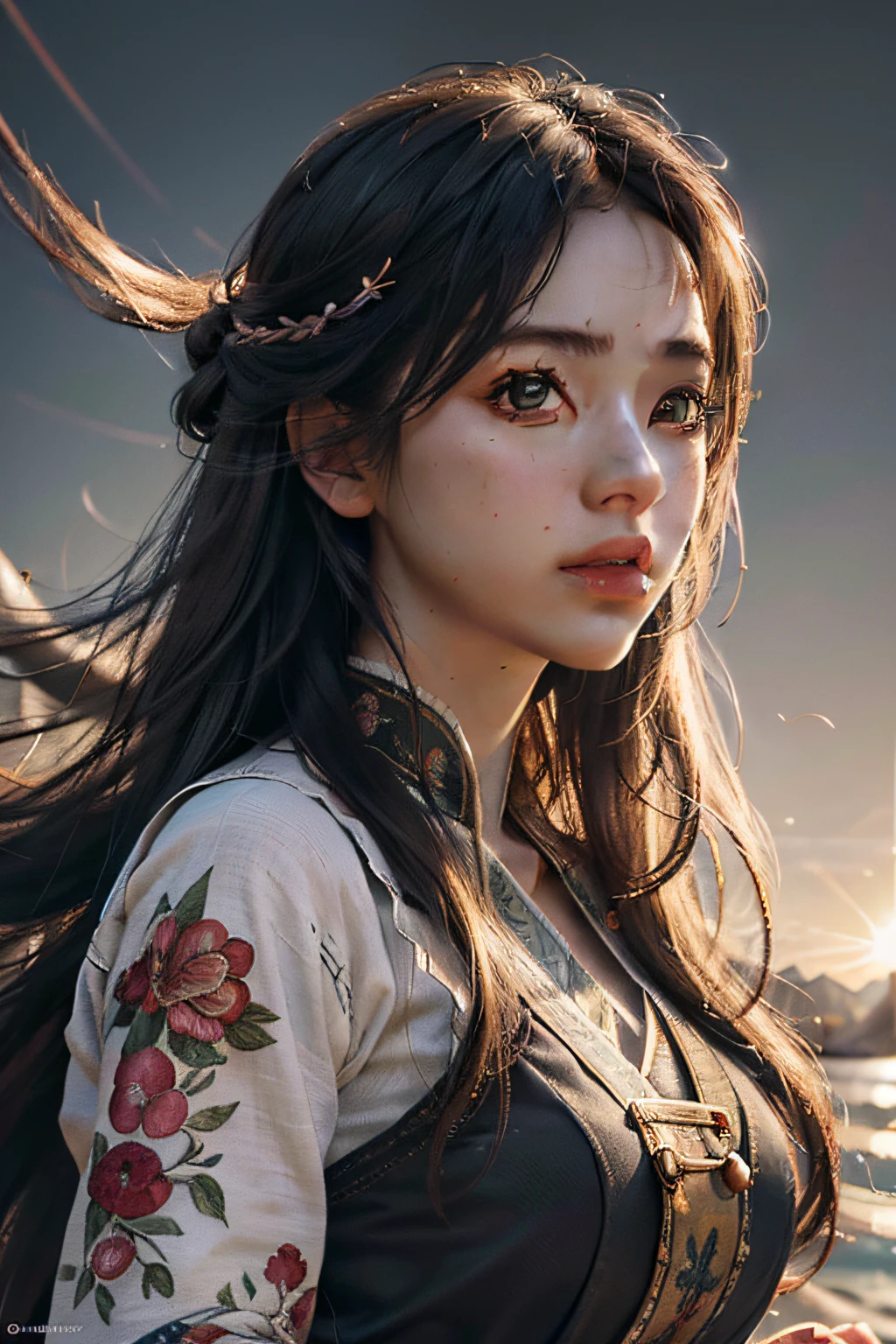 (RAW photo, best quality), (realistic, photo-realistic:1.3),best quality,highly detailed,masterpiece,ultra-detailed,illustration,1girl,upper_body,dynamic angle,world masterpiece theater,messy_long_hair,best quality,extremely detailed CG unity 8k wallpaper,ink,Amazing,cinematic lighting,lens_flare, dunhuang_style