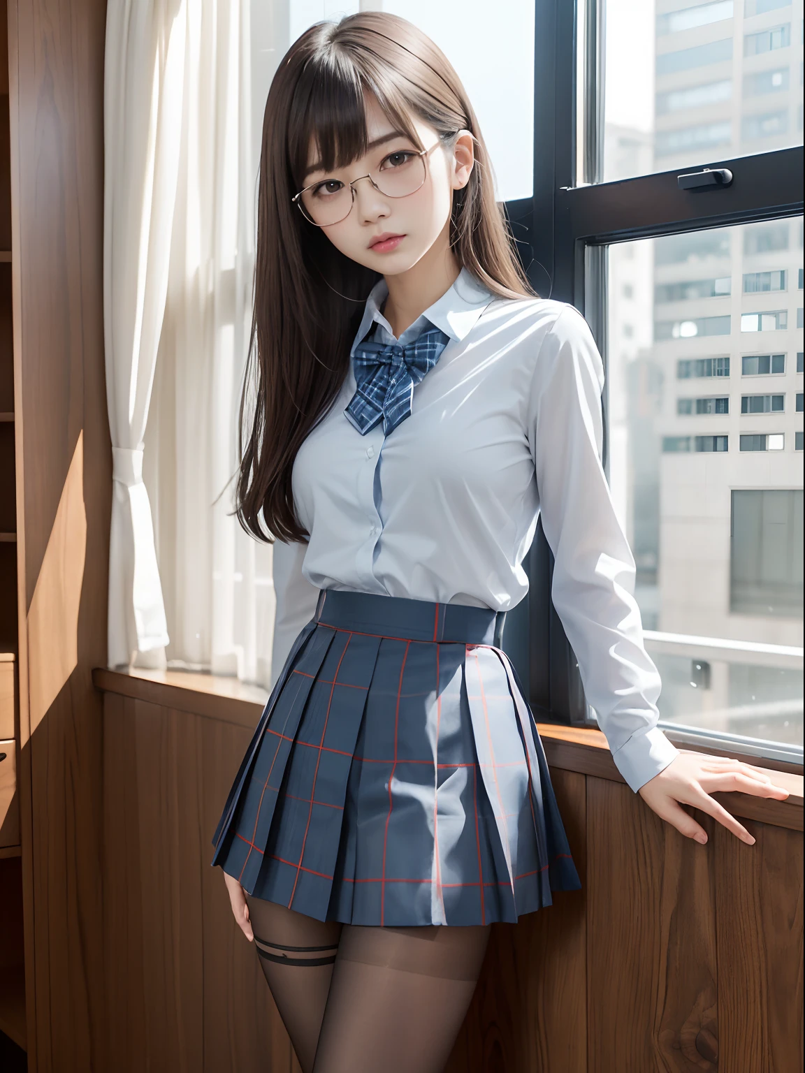 (Medium Hair),(Underwear is visible),(8K、Raw photography、top-quality、masterpiece:1.2),((small tits))、((small tits))、((small tits))、((small tits))、((small tits))、((A-cup))、((A-cup))、((A-cup))、((A-cup))、((A-cup))、Has a small、(flat breast)、(flat breast)、(flat breast)、(flat breast)、(flat breast)、(being thin)、Rasping,glamor,Chromo-white skin,cocky,School,watching at viewers,Looking at the front,Muchimuchi,High-pitched clothing,Erotic,Pupils,de pele branca,kne,((Black pantyhose)),absurderes,a small face,,Forehead visible,Bangs hanging from the left and right sides of the forehead,(a cold expression,Tight eyes,glares,Bullish,irate)、masterpiece,top-quality、超A high resolution,Raw photo,ren,Beautiful fece,One Person, 独奏,eye glass,,Dark look,Small breasts,fullllbody,Round glasses,JK school uniform,hi-school girl,A Japanese Lady,is standing,(Photorealsitic:1.37)、Photon mapping,Realistic、Beautie,Cute little face,Brown-eyed、Black socks、(Red bow tie)、Radio City、Physically Based Rendering、depth of fields、Blurry background、a picture,Body,beauty legs, Long legs, Thin leg,(Bangs are visible), hair, s lips, Blue_The eye, nosesoft,(Light blue shirt), (Navy and blue and white plaid pleated skirt), Knees are visible,Sheer clothing,, Thigh, Black cotton socks,Nogizaka Idol, 女優, Japanese ido