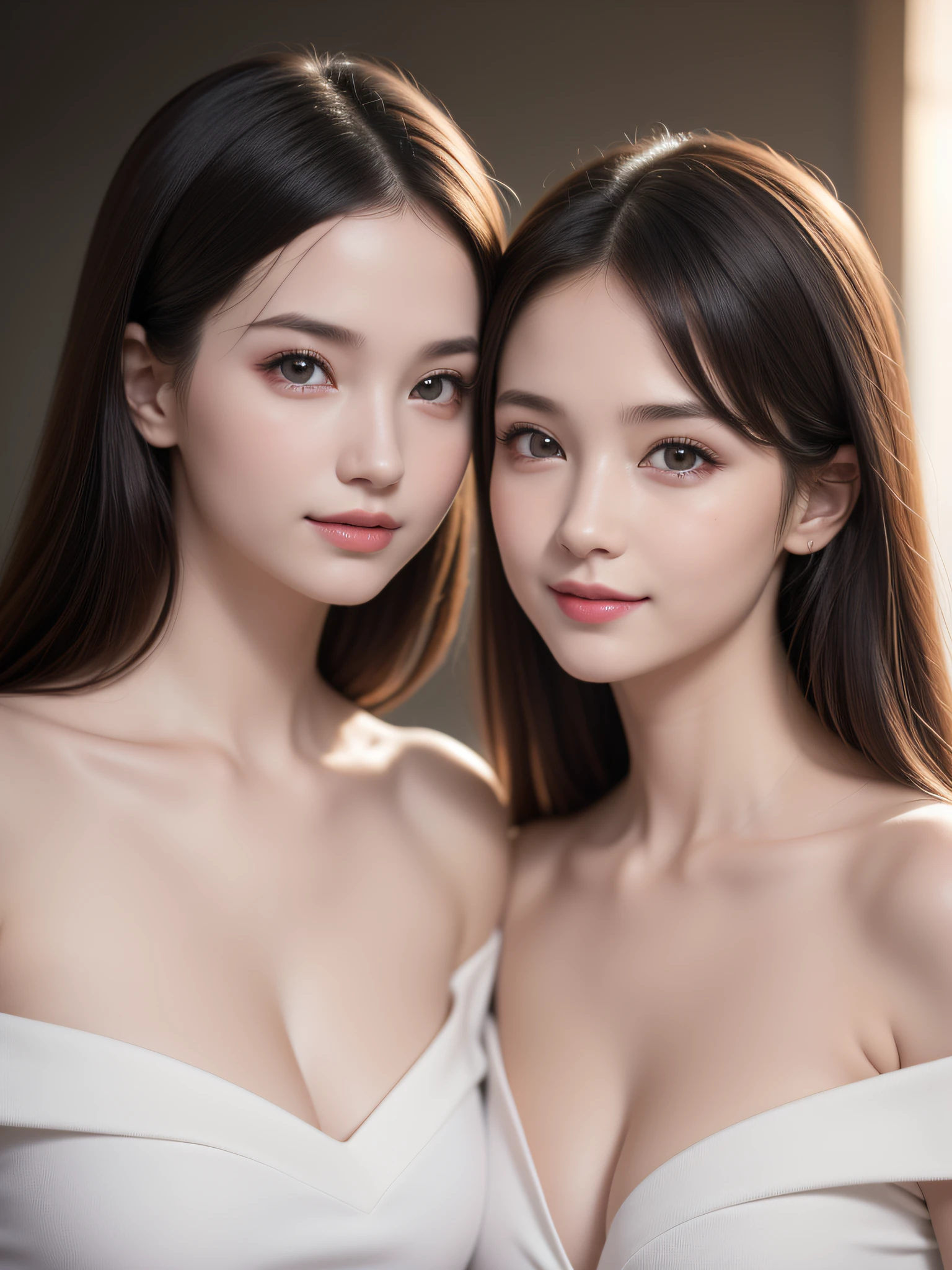 (2girls), Extremely cute, (Ultra realistic, high res), (highly detailed eyes, highly detailed hair, highly detailed face, highly detailed plump lips), (transparent lace Off-shoulder with very loose breasts:1.5), (Beautiful breasts), upper body, caute smile, (best quality:1.4), Raw photo, (realistic, photo-realistic:1.37), professional photography, cinematic light, (fine face: 1.2)