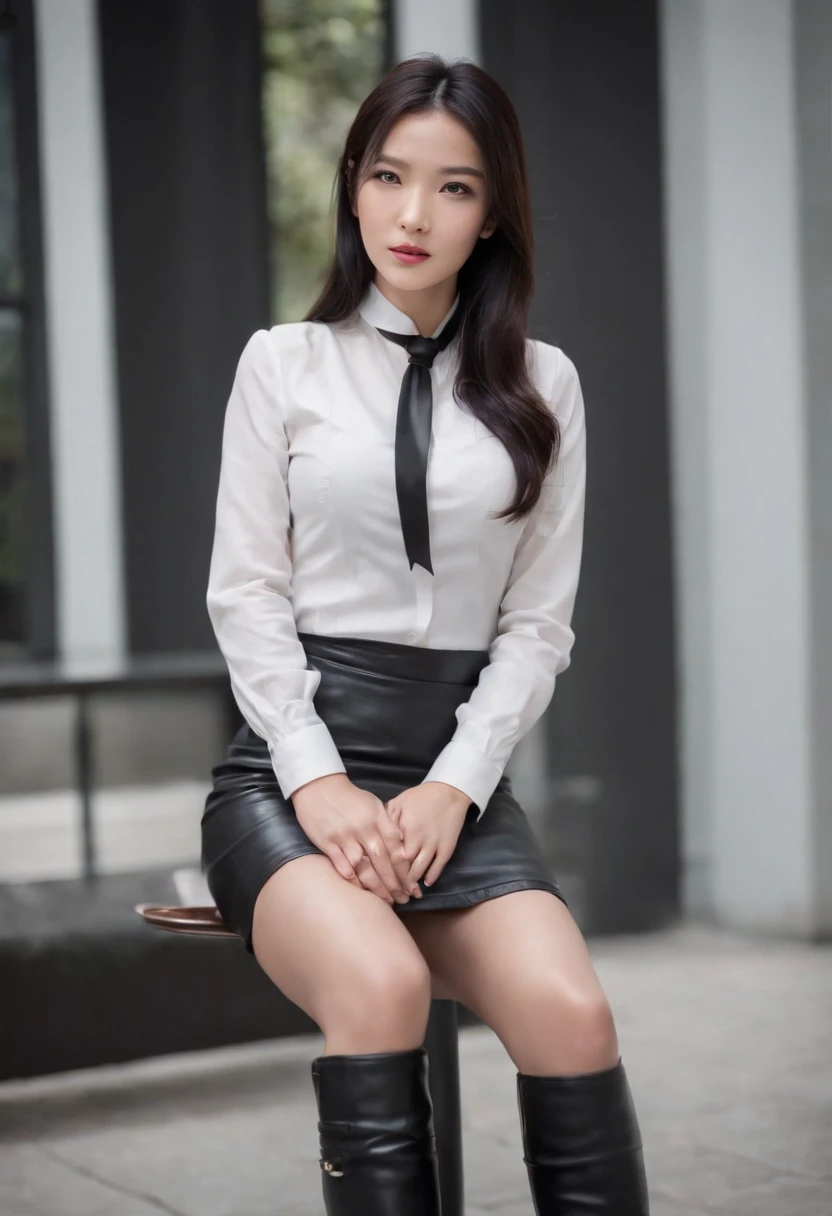 Black leather gloves, black leather tight skirt, white blouse, black leather long boots, Japanese girl with black hair straight, sit on a leather chair with her legs aligned, and her hands are aligned on her knees.