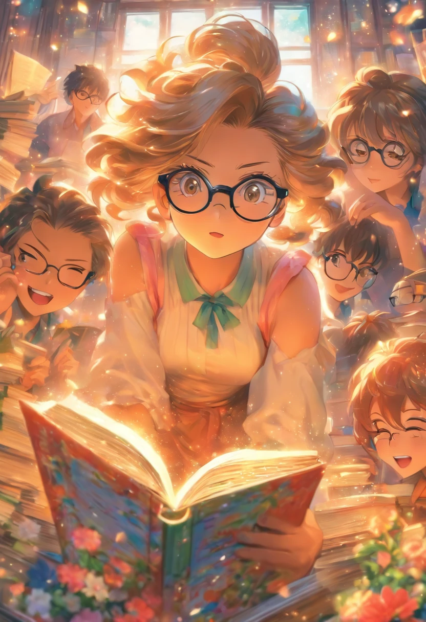 Quality first,masterpiece in detail,Middle-aged woman wearing glasses,sportrait,closeup cleavage,Several cute kids reading a book,in class room,fresh flowers,Rich in color
