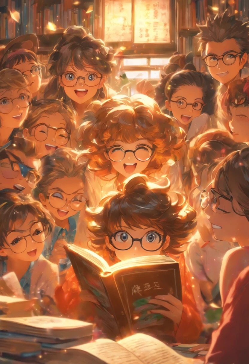 Quality first,masterpiece in detail,Middle-aged woman wearing glasses,sportrait,closeup cleavage,Several cute kids reading a book,in class room,fresh flowers,Rich in color
