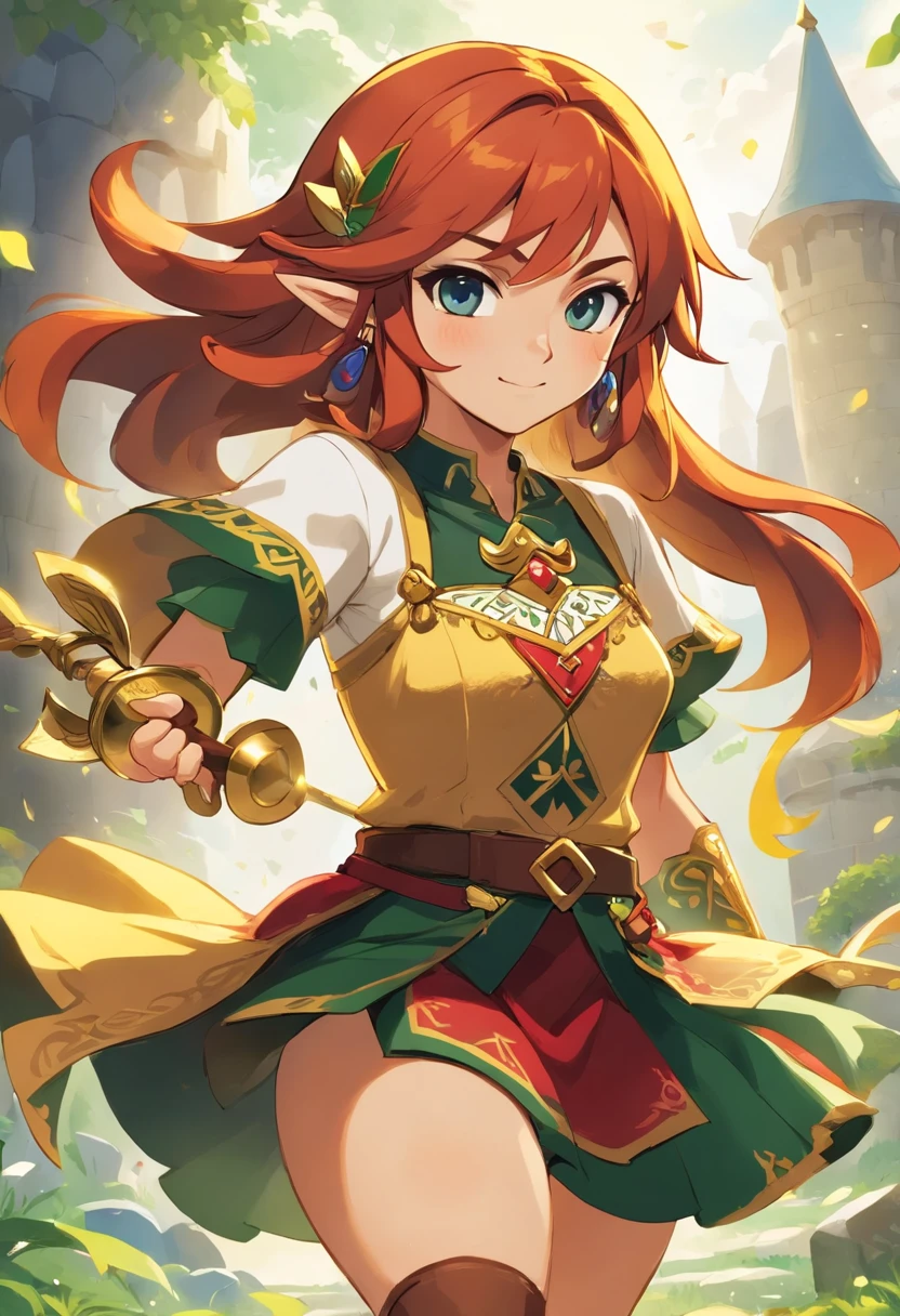 A cheerful 32-year-old woman with wavy red hair and black skin is wearing golden formal clothes, com tons laranja e detalhes amarelados. She exudes confidence and relaxation, using gold accessories that gently tinkle. His posture is stripped down and confident, ready for imaginary adventures. Despite the formal appearance, Their clothes are adapted for imaginary combat, enquanto seu olhar curioso e aventureiro a define como uma jovem destemida.