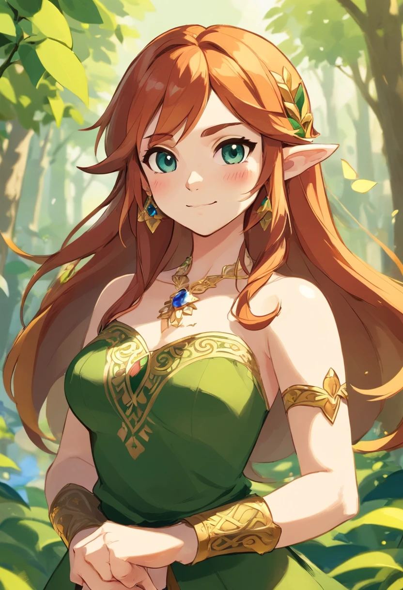 A cheerful 32-year-old woman with wavy red hair and black skin is wearing golden formal clothes, com tons laranja e detalhes amarelados. She exudes confidence and relaxation, using gold accessories that gently tinkle. His posture is stripped down and confident, ready for imaginary adventures. Despite the formal appearance, Their clothes are adapted for imaginary combat, enquanto seu olhar curioso e aventureiro a define como uma jovem destemida.