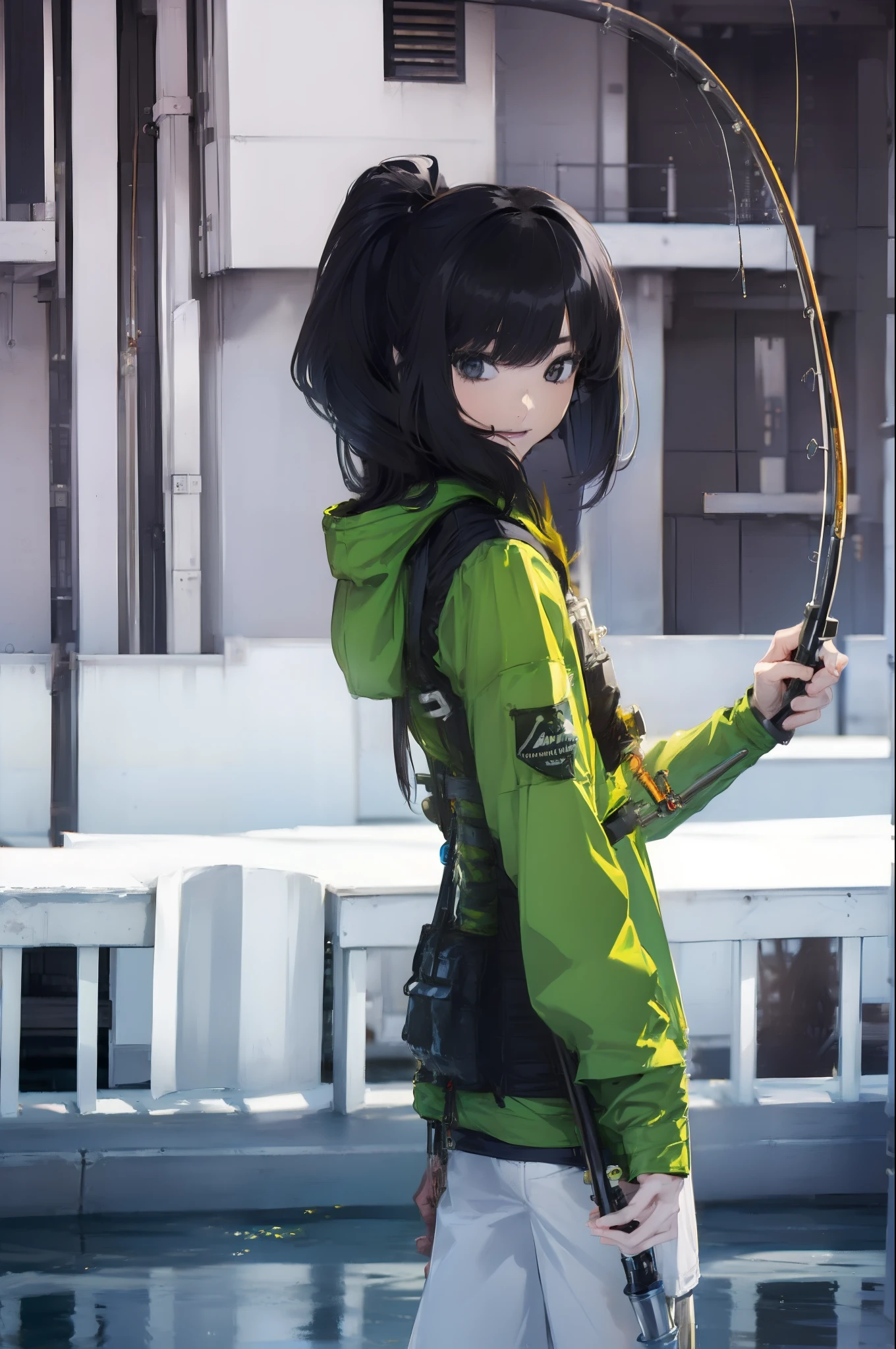 ((((Have a fishing rod with a reel:1.5)))),((Female 28 years old)),((Best Quality:1.5)),(((Fine fingers、Ratio 4 fingers and 1 thumb,detailed arms,detailed human hands))),(((Hands with the correct number and structure of fingers:1.4))),((Lakeside:1.37)),hight resolution,ultra-detailliert,masterpiece,best qualtiy,(Eight-headed body),(1 fishing rod,Holding a fishing rod in your hand,Fishing lure rod,Fishing Reel,with long sleeve hood,Outdoor Vest,parka,Long pants for fishing,Big backpack),thin and long legs,Beautiful hip line,Beautiful spine,constricted back,Toned waist,beutiful breast),,Gentle smile,shiny lip,(1 fishing rod,Straight stretch fishing rod,Long fishing rod,Woman fishing with fishing rod in hand),Black hair, long eyeslashes, Solid Circle Eyes, drop shadow, Atmospheric perspective,Super Detail, ccurate, small brest,top-quality, blurry backround, bokeh dof:1.2, (masterpiece:1.3), Atmospheric perspective,Super Detail,dynamic compositions, Ultra High Quality,