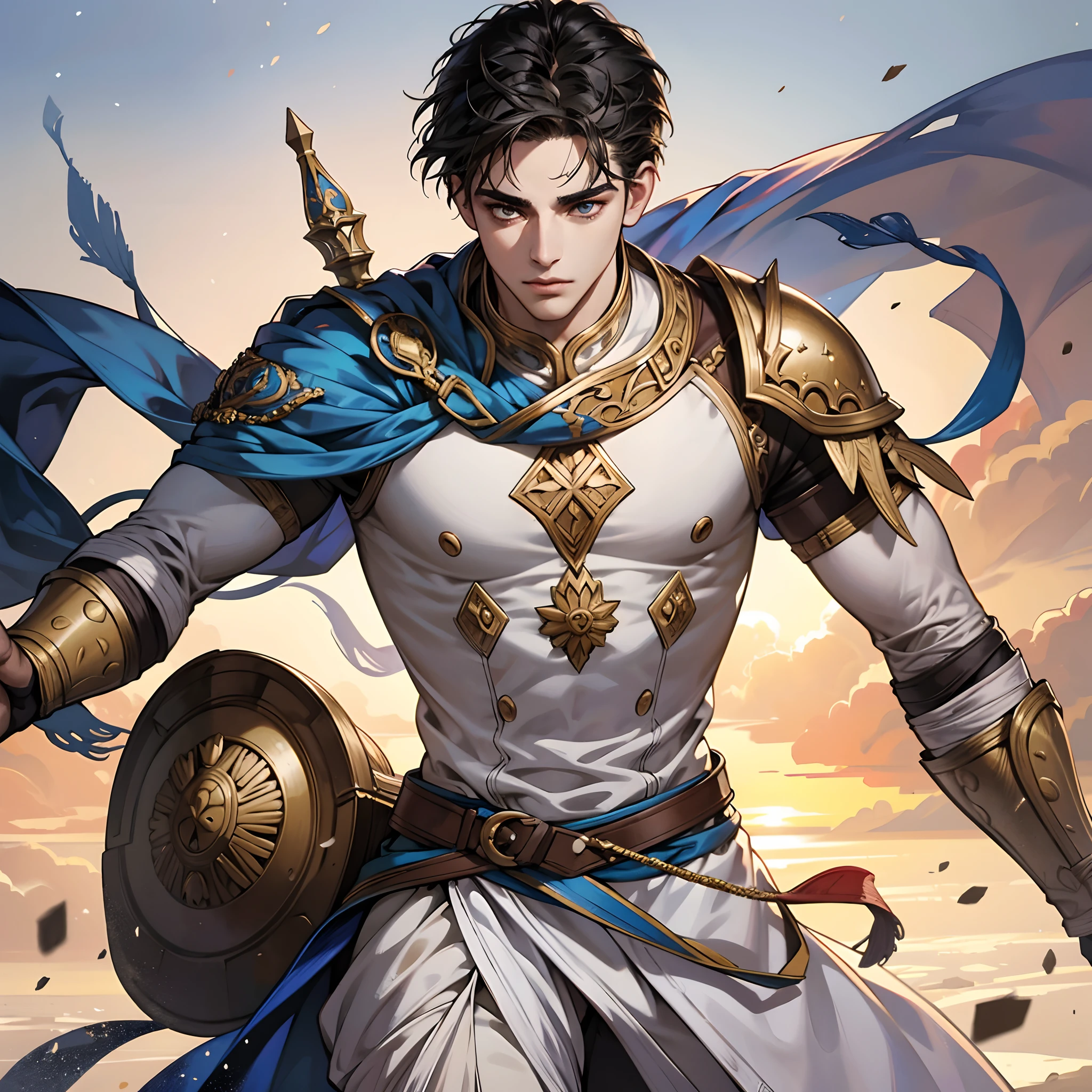 Arabian moroccan handsome muscular warrior Armor Wear hyper realistic super detailed Dynamic shot master piece scene fighting ennemies hyper realistic super detailed faces hyper realistic super detailed poses