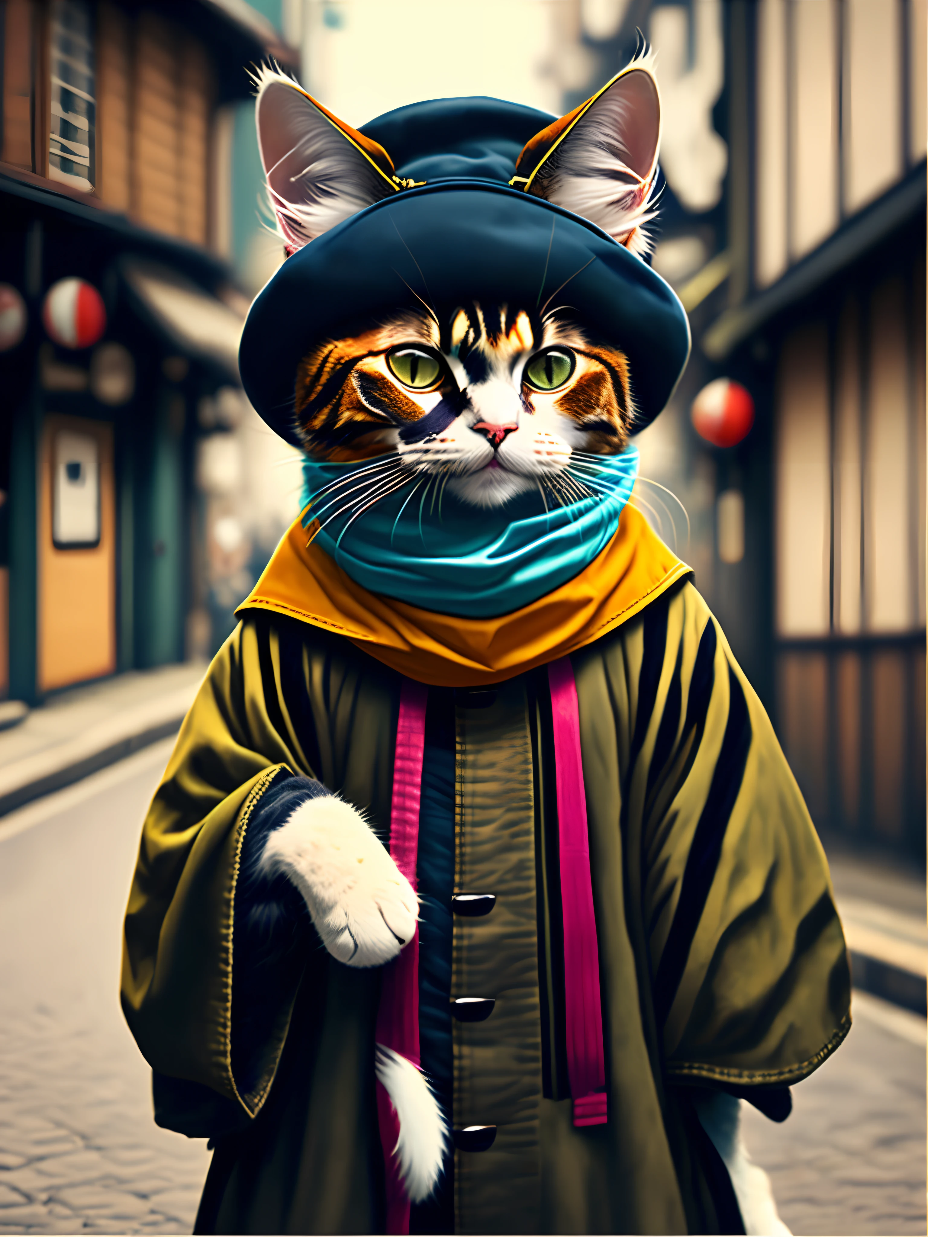 Photo of a cat wearing a hat and bandana、Art Station Trend、People in punk clothes、Ultra-realistic detail rendering、UK gang members、Urban style、intimidating pose、planet of the cats、Fashion Clothing、Urban Samurai、meow、Features of Japan winds、8 1 5