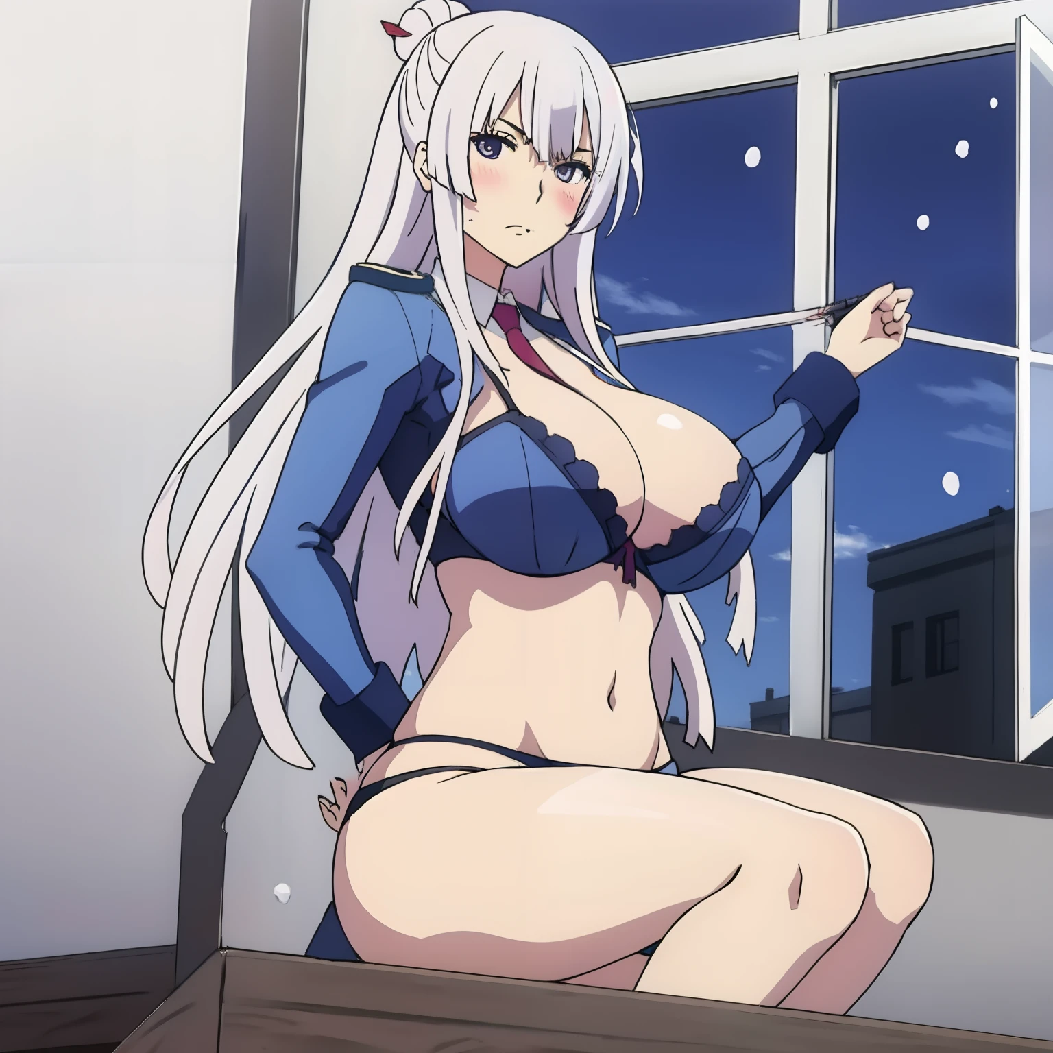 (Bra), ((Big tits)), ((masterpiece)),,((panties)),illustration,Froleytia, looking at viewer,expressionless,light blush,window,blue sky,snowing,holding, fullbody,