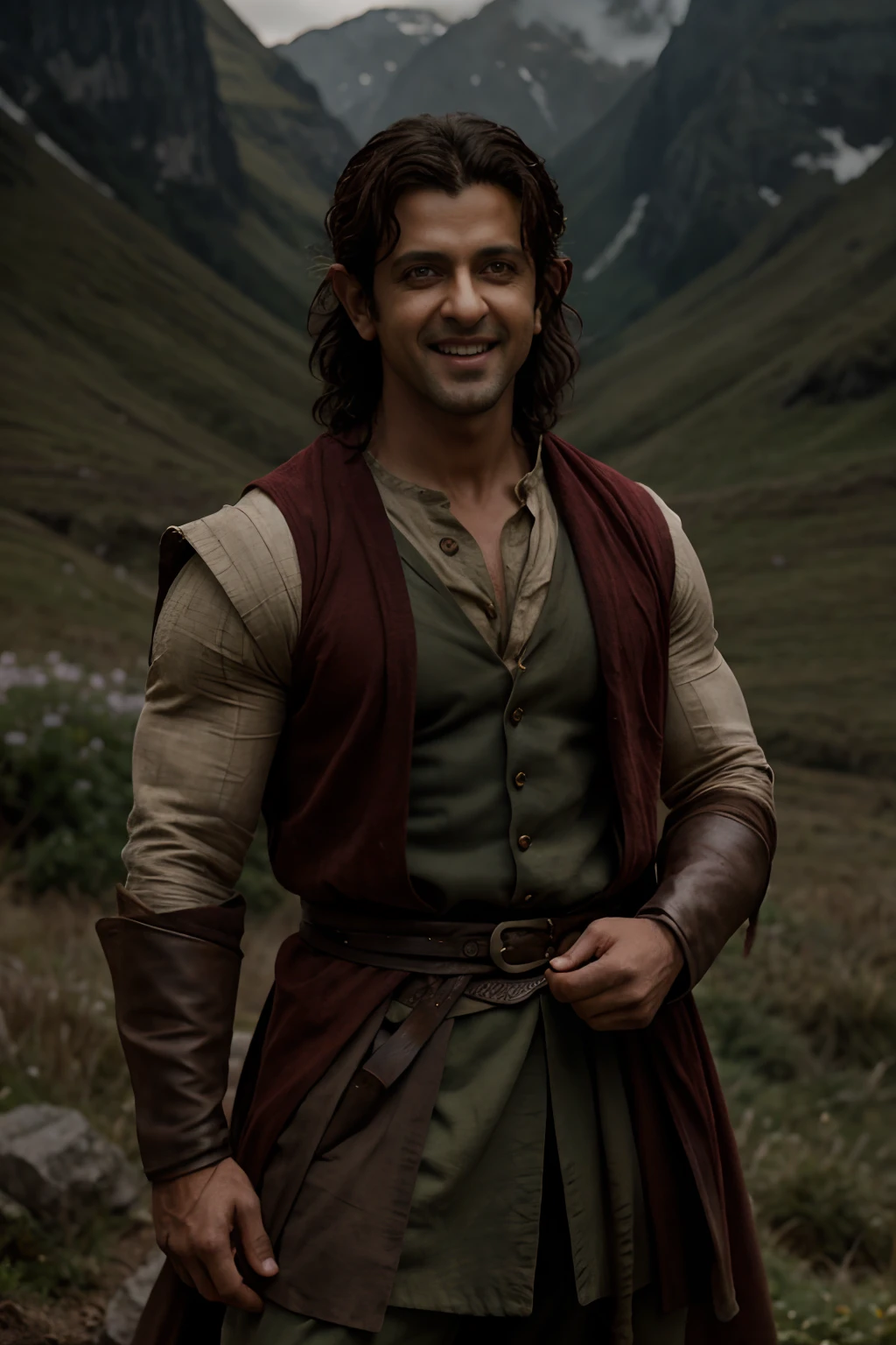 Actor Hrithik Roshan as a Hobbit from The Lord of the Rings, Cinematic lighting, mid shot, 70mm, big smile
