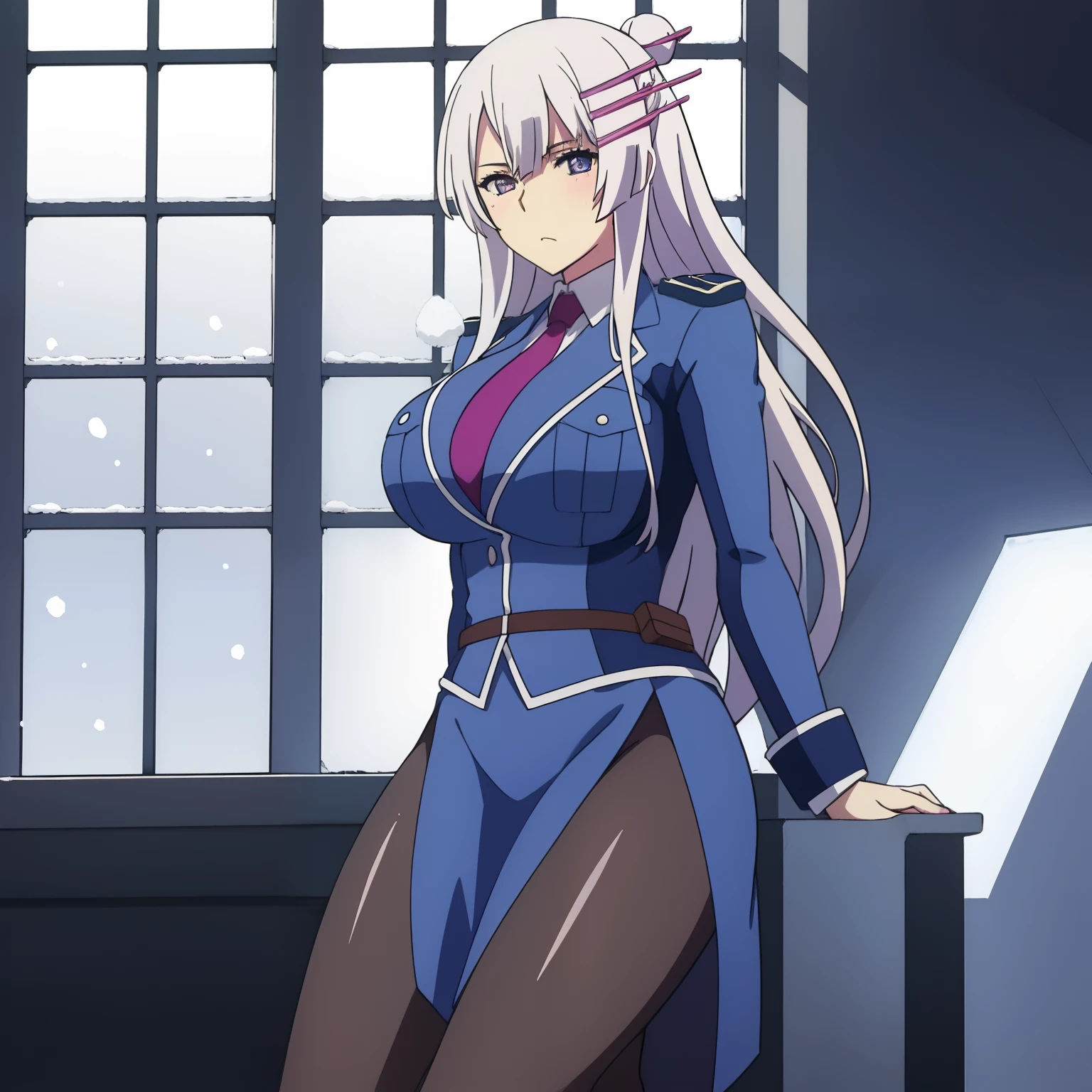 (), ((Big tits)), ((masterpiece)),,(()),illustration,Froleytia, looking at viewer,expressionless,light blush,window,blue sky,snowing,holding, fullbody,