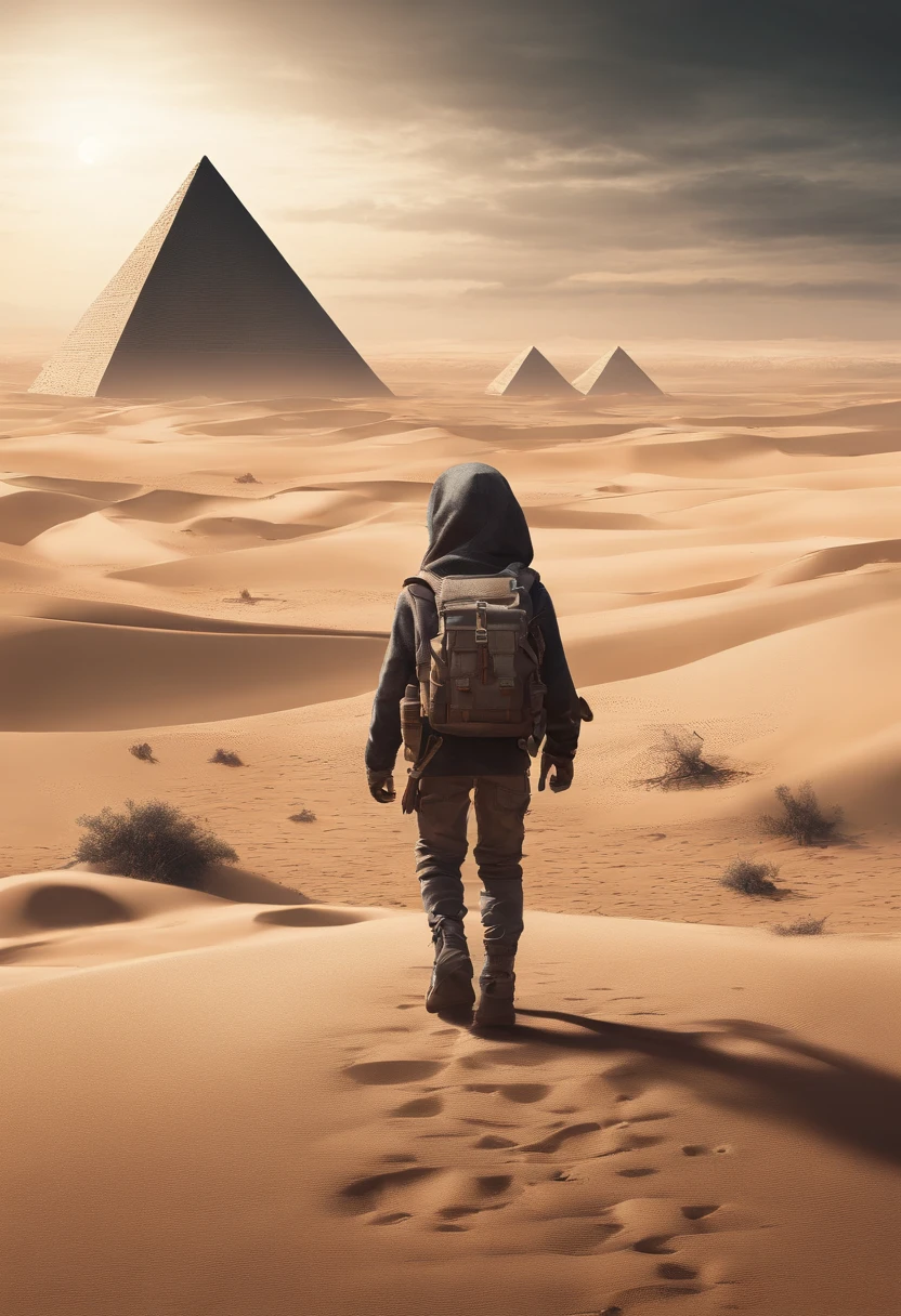 character with a backpack walking through a desert with pyramids and moons in the sky