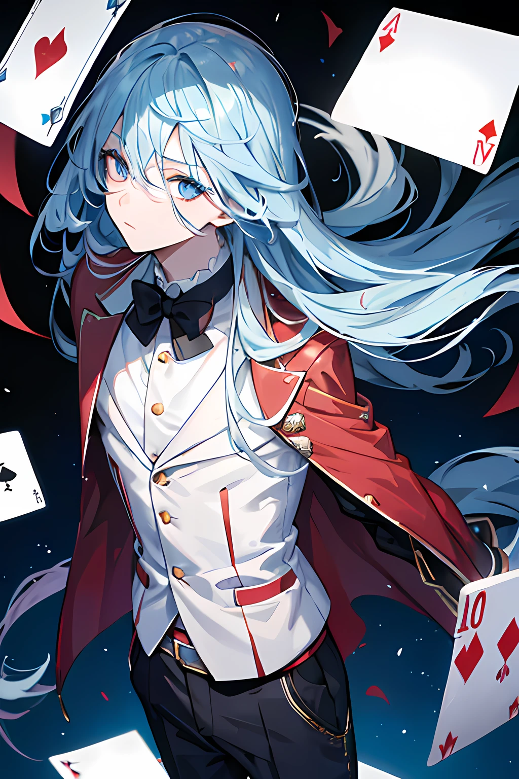 1boy, long light blue hair, Wearing an dark blue suit, black pants, circus, high res, white face makeup, red teardrop, falling cards, 8k, ultrasharp, longhair, hands behind hes back, clown mask