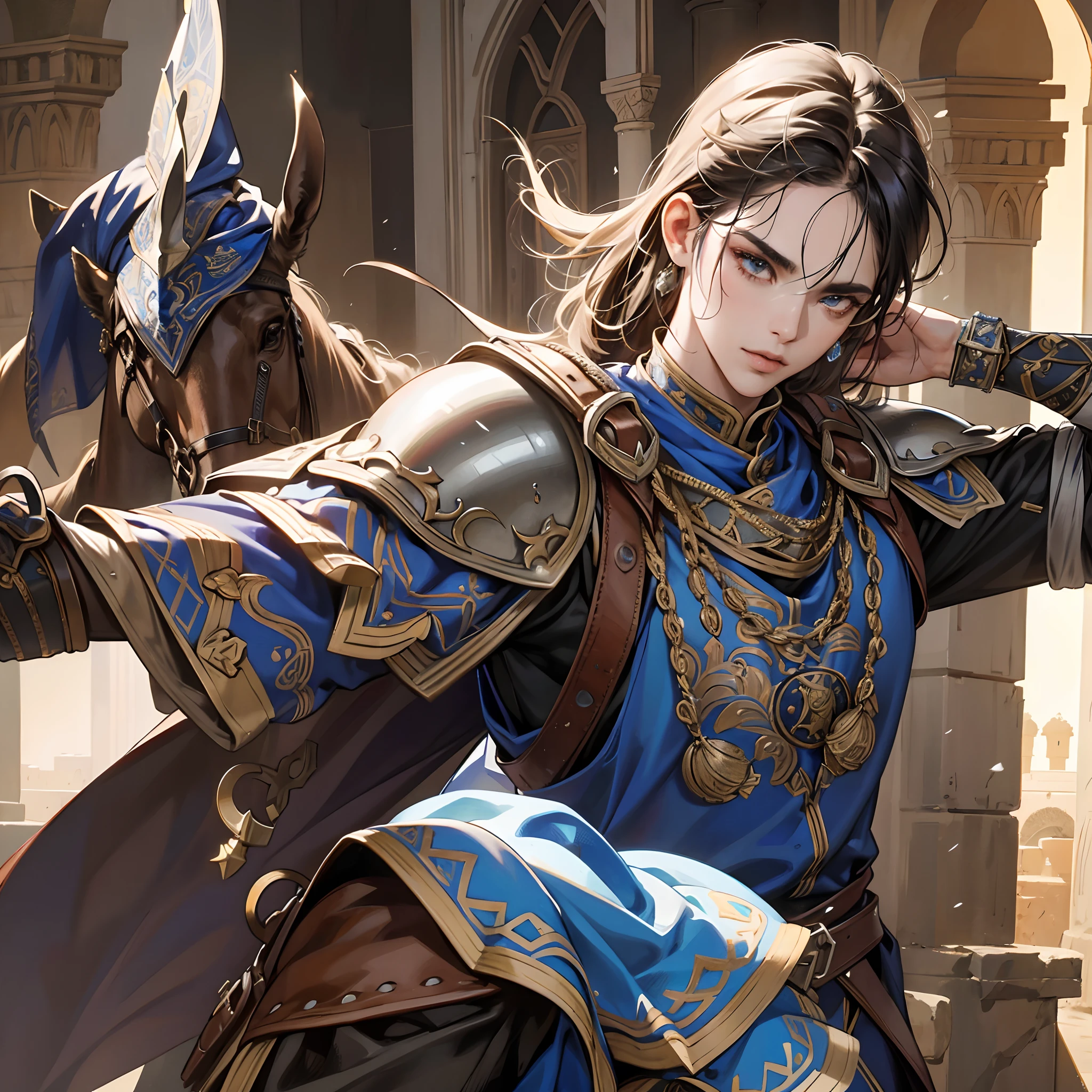 Moroccan Arabian warrior medieval leather Armor Wear hyper realistic super detailed face portrait zoom super detailed Dynamic shot master piece scene with his warriors hyper realistic super detailed Dynamic shot master piece