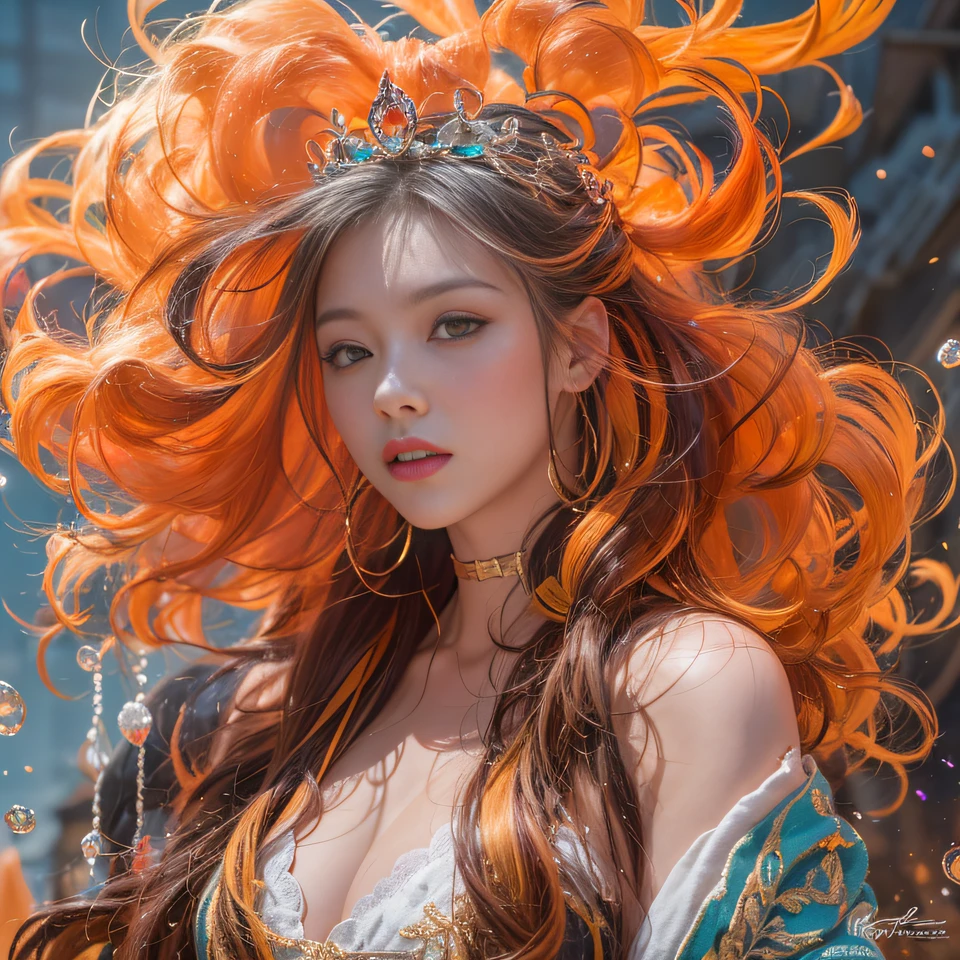 cyan colors,blue colors,enamel,agates,A flesh-colored world,Blood Girl 32K(tmasterpiece,k hd,Aoyama Pond,hyper HD,32K)Long flowing bright orange hair,blood pond,zydink, a color,Grumpy (Post-halo), (Linen scarf), Combat posture, looking at the ground, long whitr hair, Floating bright orange, Fire cloud pattern gold tiara, Chinese long-sleeved gold silk burgundy garment, (Abstract metaverse splash:1.2), white backgrounid,Lotus vitality protector(realisticlying:1.4),Bright purple hair,Smoke on the road,The background is pure, A high resolution, the detail, RAW photogr, Sharp Re, Nikon D850 Film Stock Photo by Jefferies Lee 4 Kodak Portra 400 Camera F1.6 shots, Rich colors, ultra-realistic vivid textures, Dramatic lighting, Unreal Engine Art Station Trend, cinestir 800,A girl with long flowing bright orange hair,Huge multicolored bubbles