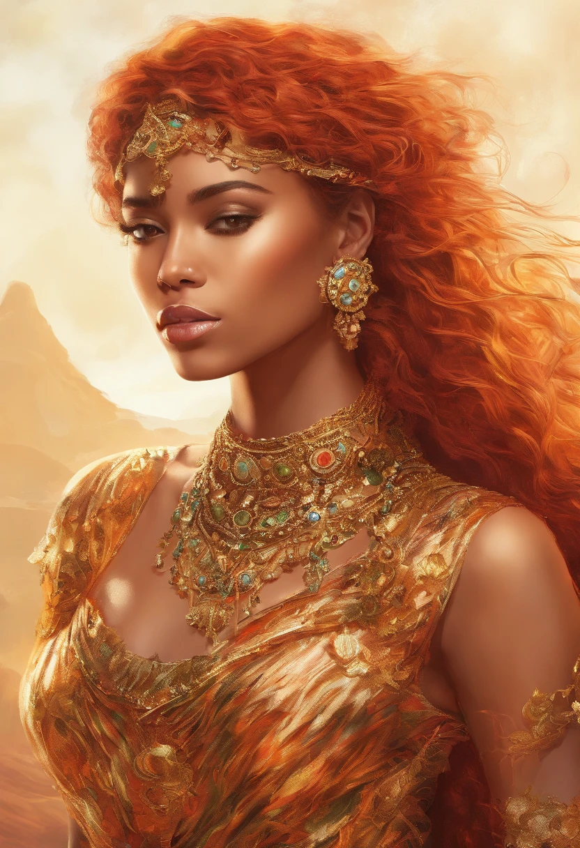 A cheerful 32-year-old woman with wavy red hair and black skin is wearing golden formal clothes, com tons laranja e detalhes amarelados. She exudes confidence and relaxation, using gold accessories that gently tinkle. His posture is stripped down and confident, ready for imaginary adventures. Despite the formal appearance, Their clothes are adapted for imaginary combat, enquanto seu olhar curioso e aventureiro a define como uma jovem destemida.