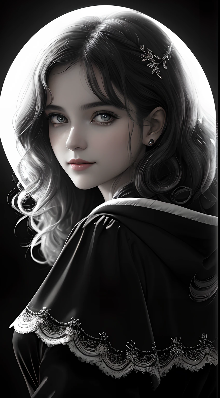 Russian Girl, Trends on ArtStation, Trends on CGSociety, Intricate, High Detail, Clear Focus, Dramatic, Realistic Art of Drawing, by Midjourney and Greg Rutkowski, ((Best Quality)), ((Masterpiece)), High Resolution, Original, Very Detailed Wallpaper, Very Delicate and Pretty, Illustration, Cinematic Light, Volumetric Light, Halo Effect, Light Particles, ((1girl)), beautifuldetailedeyes, longsleeves, hoodie, frills, noshadow, simplebackground, (((black background))), European, bright, (((1980s(style)))), cinema, silhouette, grayscale, monochrome, ((large wavy curls)), slit pupils, (((looking back))), cinematic angles, ((( (close-up))),(((portrait))), lens flare, seductive smile, tarot cards, medium hair