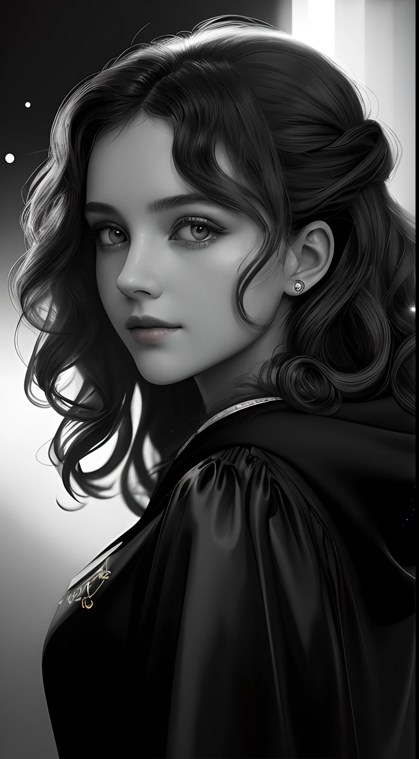 Russian Girl, Trends on ArtStation, Trends on CGSociety, Intricate, High Detail, Clear Focus, Dramatic, Realistic Art of Drawing, by Midjourney and Greg Rutkowski, ((Best Quality)), ((Masterpiece)), High Resolution, Original, Very Detailed Wallpaper, Very Delicate and Pretty, Illustration, Cinematic Light, Volumetric Light, Halo Effect, Light Particles, ((1girl)), beautifuldetailedeyes, longsleeves, hoodie, frills, noshadow, simplebackground, (((black background))), European, bright, (((1980s(style)))), cinema, silhouette, grayscale, monochrome, ((large wavy curls)), slit pupils, (((looking back))), cinematic angles, ((( (close-up))),(((portrait))), lens flare, seductive smile, tarot cards, medium hair