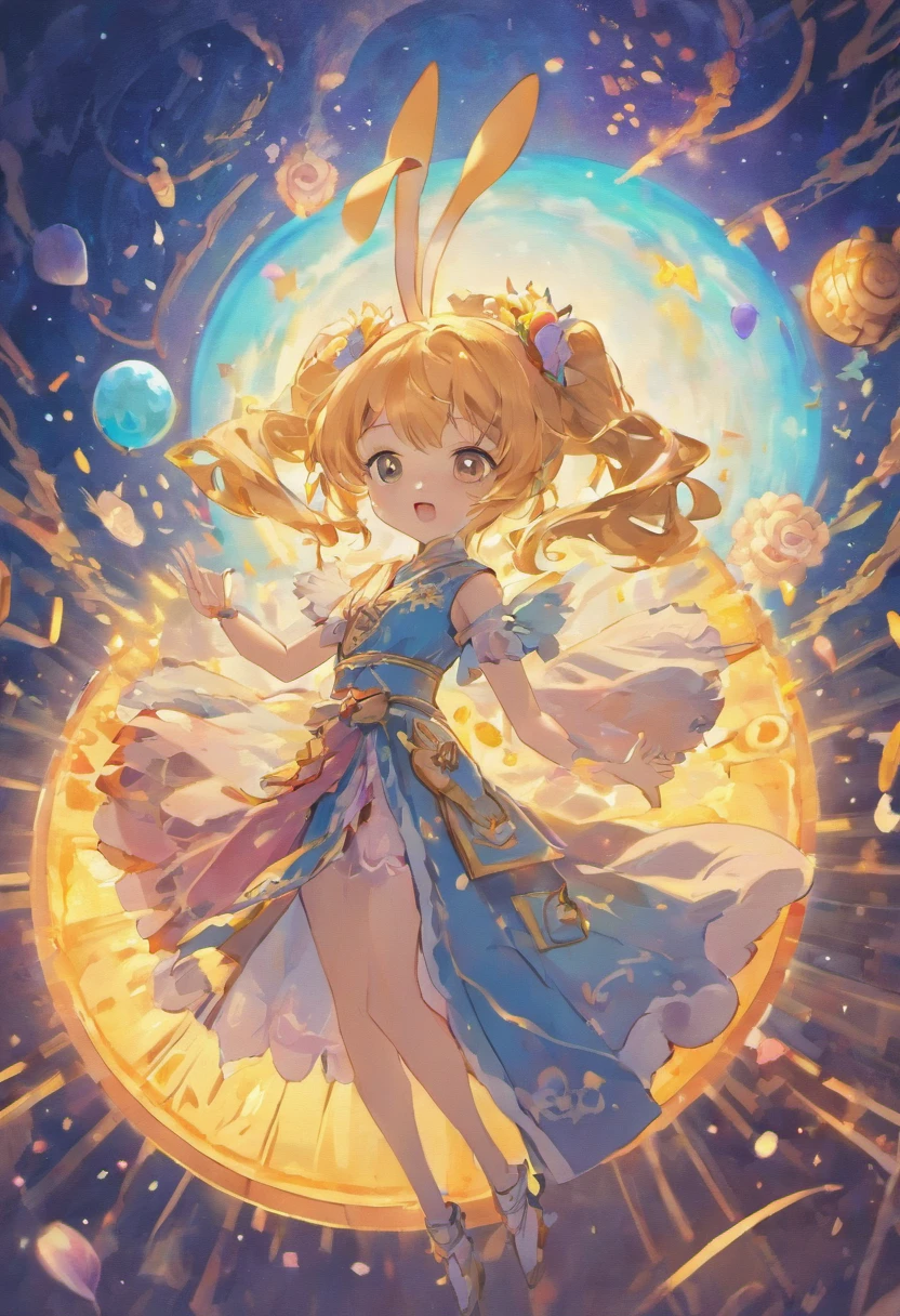 Mid-Autumn Festival, A beautiful fairy, dressed in ancient Chinese clothing, and a rabbit playing next to the girl, Moon cakes, Nuages de bon augure, behind huge planets, couleurs chaudes, images abstraites, Style Pixar, Effets 3D, Style Disney, Clear contour light, Edge Light, fantaisie, Spot lumineux, 8k --avec 9:16 --q 0.5 50 --Niji 5, Oreilles de lapin, surrealism, clair-obscur, High Details --s 2