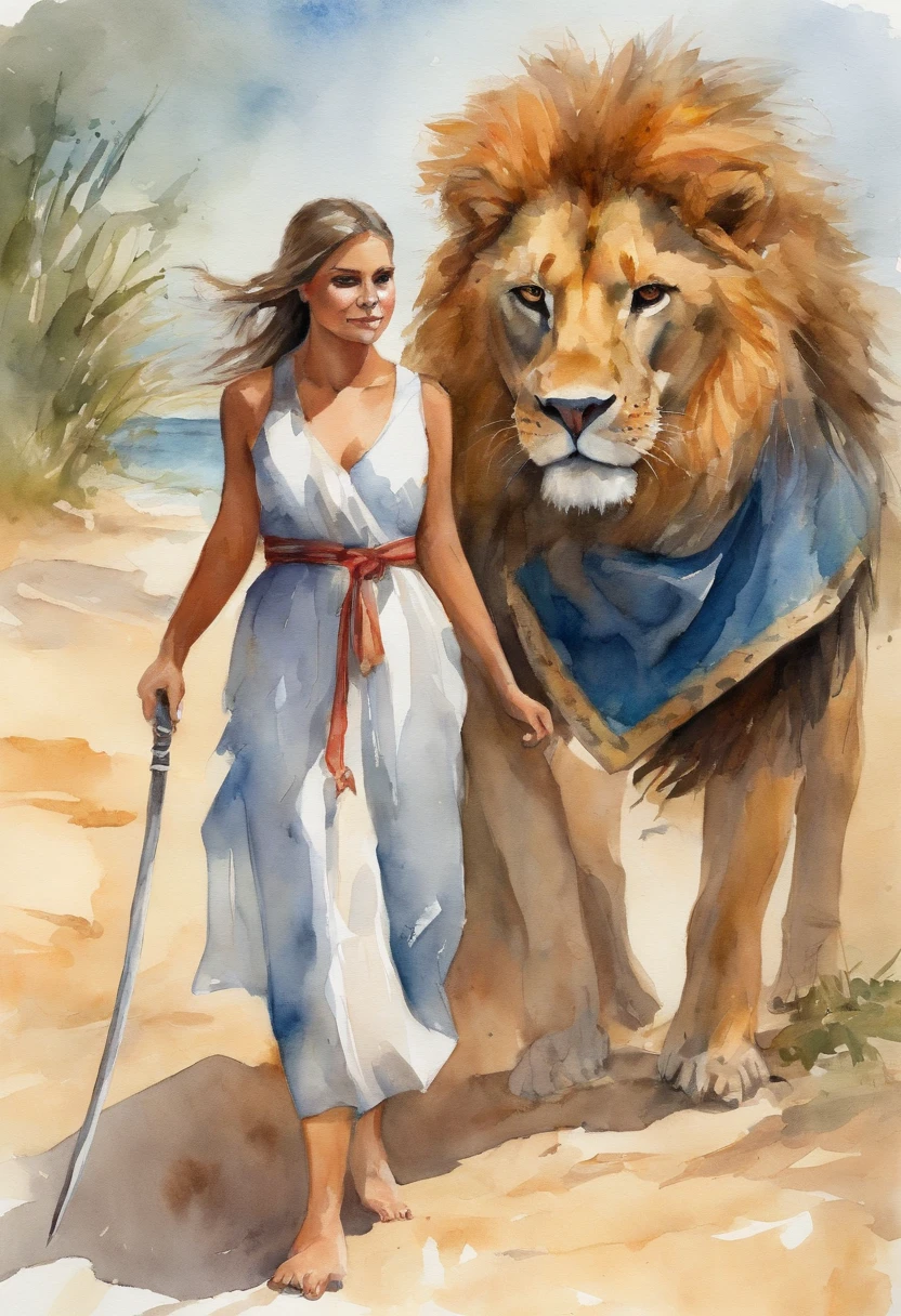 a girl on the beach wearing ninja dress with the lion as a pet