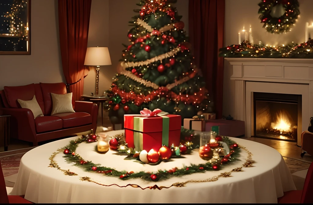 christmas, christmas party, in room, christmas decorated room, christmas tree, christmas presents, (many christmas presents:1.4), christmas, (night:1.2),