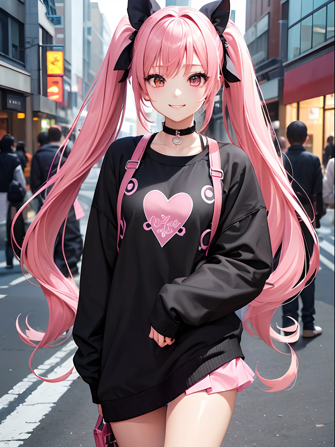 full body Esbian, masutepiece: 1.2, Highest Quality), (Live-action, elaborate details), a couple(Boyfriend and girlfriend2a person, Upper body,) Clothing: Edgy, Black long jumper, pink miniskirt, long hair with pink twin tails,,,,,,、Cool boyfriend in black skin jeans、Backhug her、Avant-garde, Experimental appearance: Long pink twin tail hair 、Heart-shaped choker、The location: bustling city、Solo, Nice smile、Value Creation in Mixed Media Art: individuality, authenticity, create