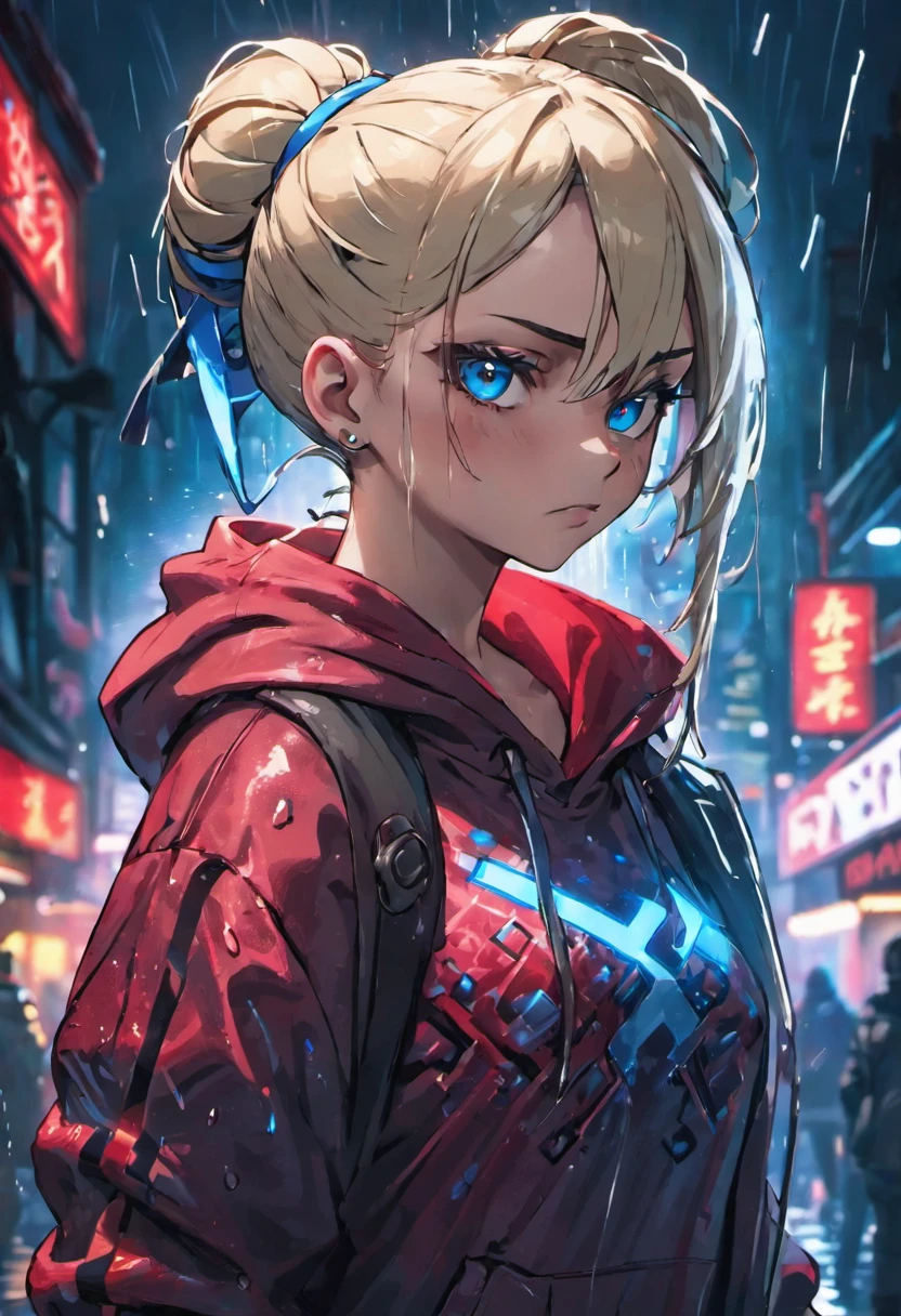 close up photograph, Confident young cyberpunk woman,blonde with blue eyes,Gray hair bun, Wear a hoodie with a red and blue pattern, On the streets soaked with rain at night, Photorealistic, Cinematic lighting