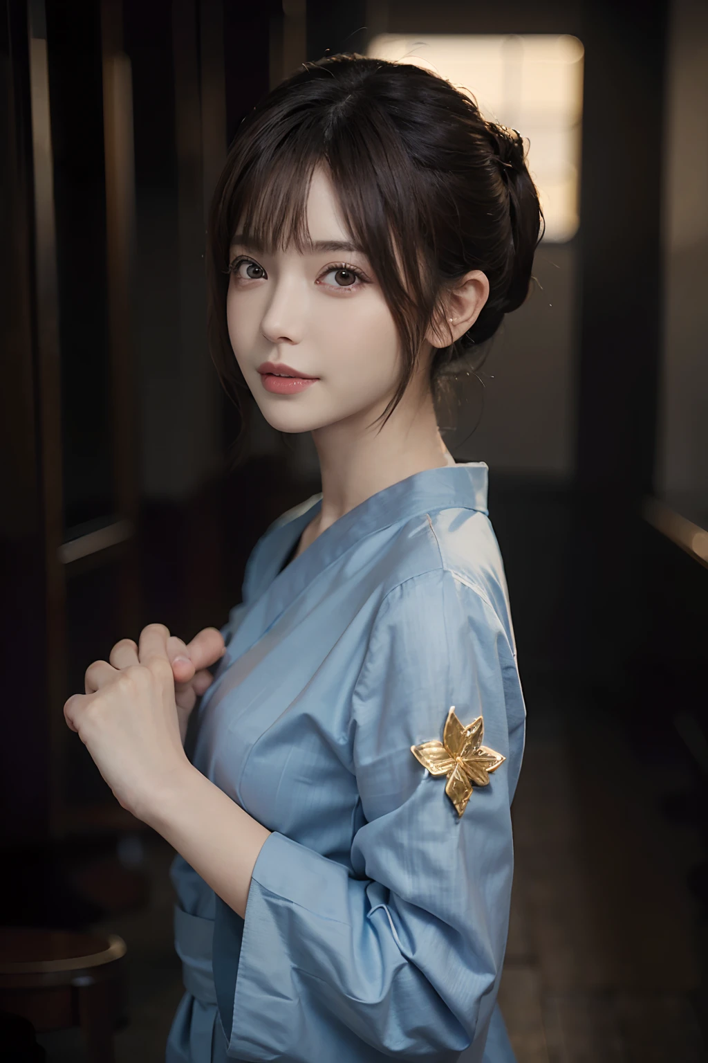 (masuter piece:1.3)、(8K、Photorealsitic、Raw photography、top-quality: 1.4)、(1girl in)、beautiful countenance、(Lifelike face)、(lightbrown hair、a pixie cut:1.3)、Beautiful hairstyle、realisticeyes、Beautiful details、(real looking skin)、Beautiful skins、(kimono)、absurderes、enticing、超A high resolution、A hyper-realistic、high-detail、the golden ratio、、bilaterally symmetrical、Natural light