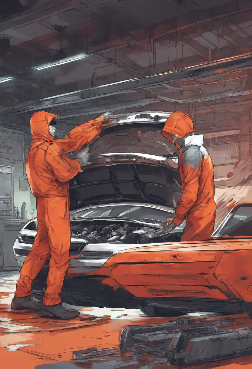 two men are working on a car. both are wearing a red jumpsuit. one man has an orange hoodie on his jumpsuit and is putting his hand into the engine compartment. the other man is standing near the bumper and pulling