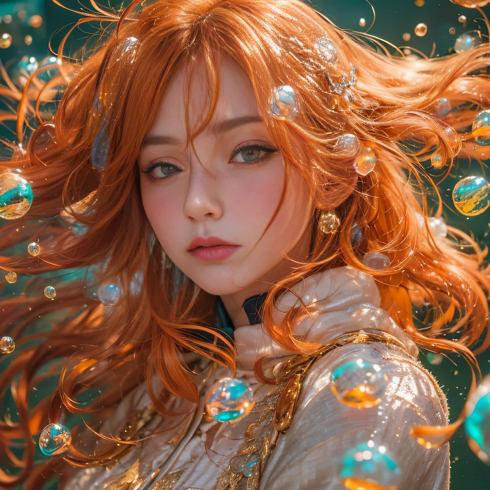 cyan colors,blue colors,enamel,agates,A flesh-colored world,Blood Girl 32K(tmasterpiece,k hd,Aoyama Pond,hyper HD,32K)Long flowing bright orange hair,blood pond,zydink, a color,Grumpy (Post-halo), (Linen scarf), Combat posture, looking at the ground, long whitr hair, Floating bright orange, Fire cloud pattern gold tiara, Chinese long-sleeved gold silk burgundy garment, (Abstract metaverse splash:1.2), white backgrounid,Lotus vitality protector(realisticlying:1.4),Bright purple hair,Smoke on the road,The background is pure, A high resolution, the detail, RAW photogr, Sharp Re, Nikon D850 Film Stock Photo by Jefferies Lee 4 Kodak Portra 400 Camera F1.6 shots, Rich colors, ultra-realistic vivid textures, Dramatic lighting, Unreal Engine Art Station Trend, cinestir 800,A girl with long flowing bright orange hair,Huge multicolored bubbles