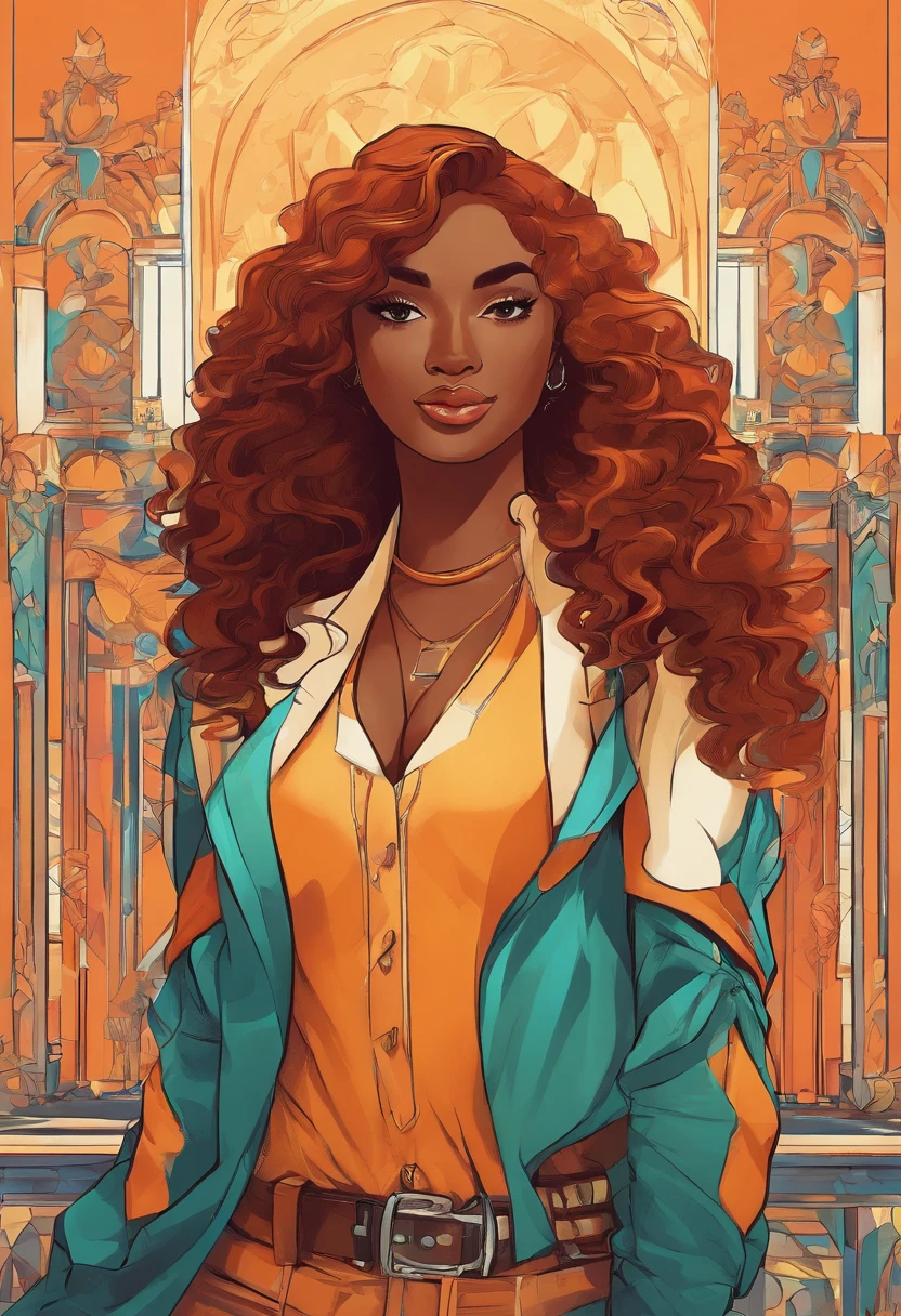 A cheerful 32-year-old woman with wavy red hair and black skin is wearing golden formal clothes, com tons laranja e detalhes amarelados. She exudes confidence and relaxation, using gold accessories that gently tinkle. His posture is stripped down and confident, ready for imaginary adventures. Despite the formal appearance, Their clothes are adapted for imaginary combat, enquanto seu olhar curioso e aventureiro a define como uma jovem destemida.
