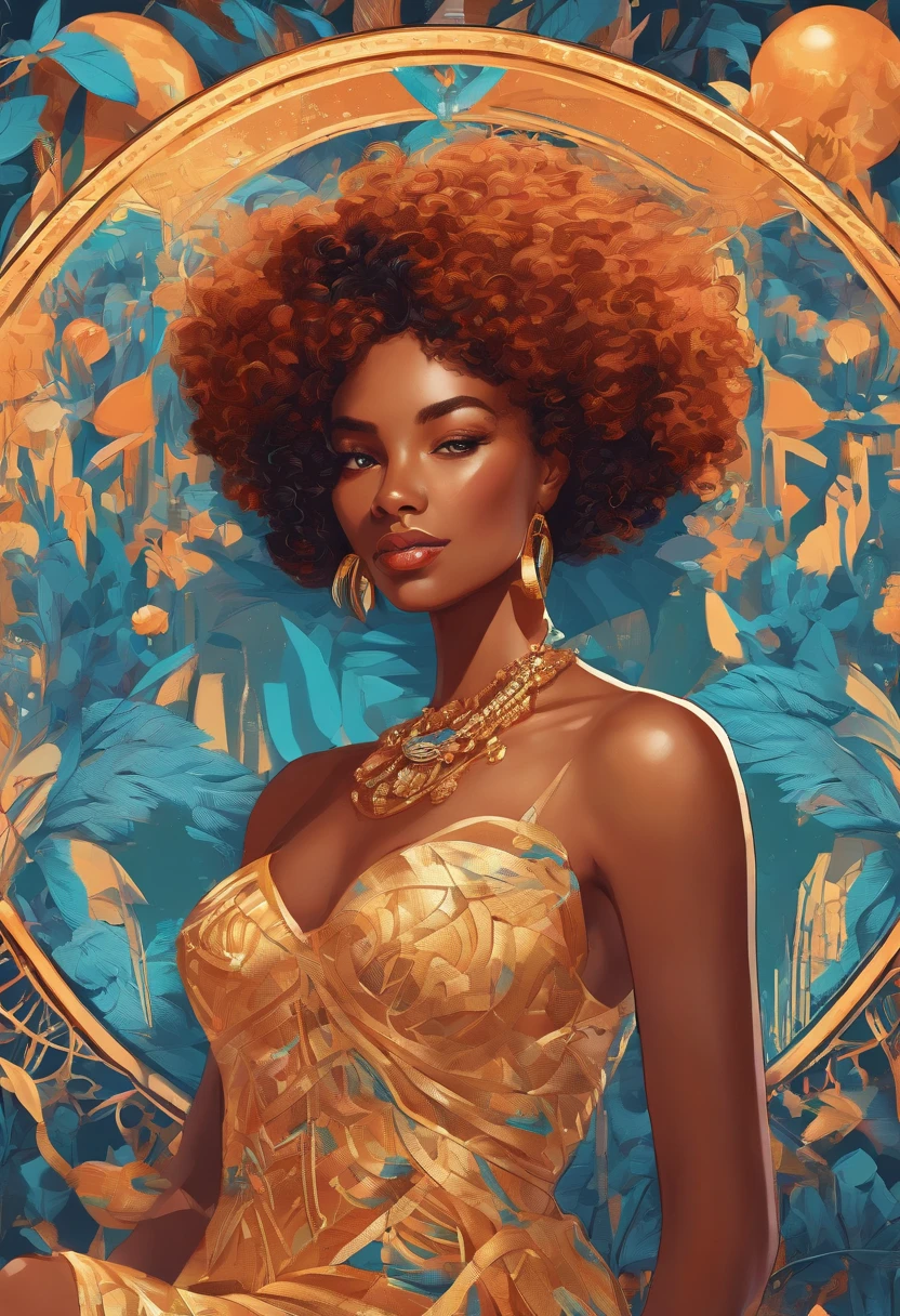 A cheerful 32-year-old woman with wavy red hair and black skin is wearing golden formal clothes, com tons laranja e detalhes amarelados. She exudes confidence and relaxation, using gold accessories that gently tinkle. His posture is stripped down and confident, ready for imaginary adventures. Despite the formal appearance, Their clothes are adapted for imaginary combat, enquanto seu olhar curioso e aventureiro a define como uma jovem destemida.