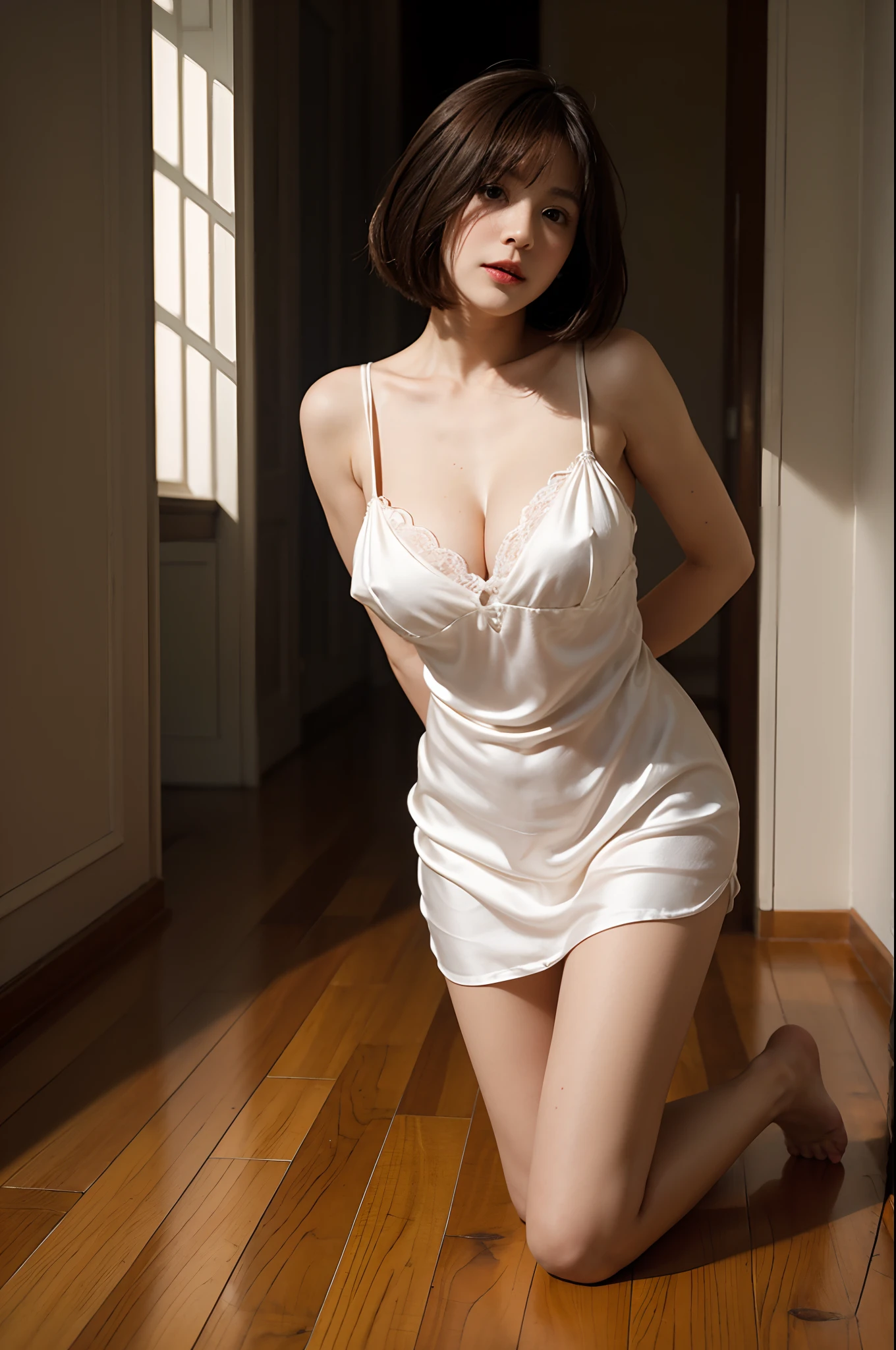 ((masterpiece)), ((best quality)), (ultra-detailed), solo,brown bob, huge breasts ,sexy white silk babydoll, cleavage, put hands behind back, kneel down on the floor