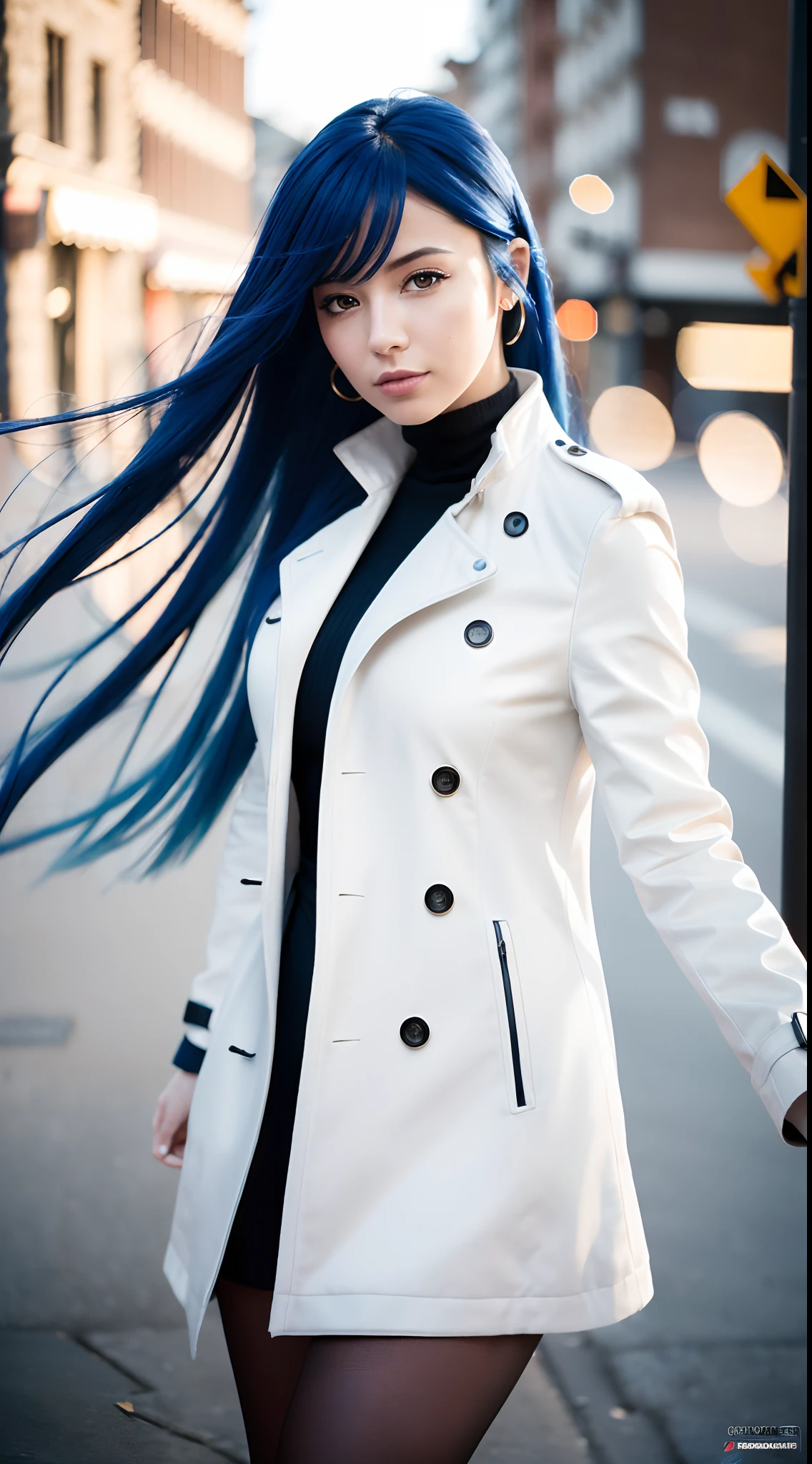 (Best quality,4K,8K,A high resolution,Masterpiece:1.2),Ultra-detailed,(Realistic,Photorealistic,photo-realistic:1.37),Long-range shooting,Blue-haired woman,Hair falls on the left shoulder,Wears a white trench coat lined in red, blackminiskirt,Patterned stockings,High heels,Walking on the street,Portrait,conceptual art,Blurred background,Soft lighting,Vivid tones