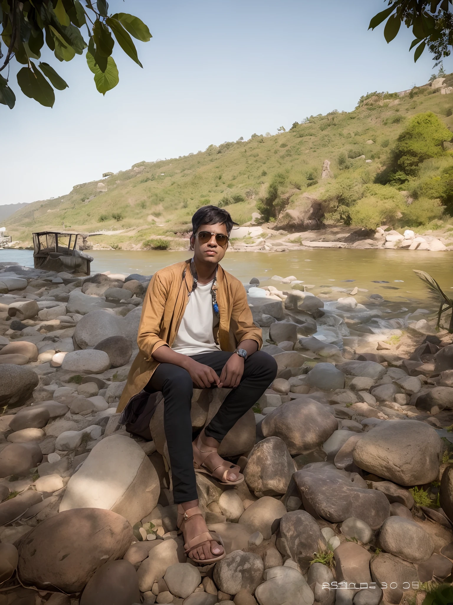 there is a man sitting on a rock by the water, sitting near a river, river in front of him, near a river, river in the background, with a cool pose, by Rajesh Soni, cool pose, amidst nature, very artistic pose, stylish pose, scenary, photo taken in 2 0 2 0, candid picture, taken with sony alpha 9