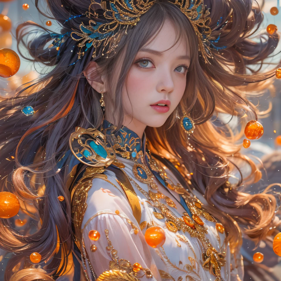 cyan colors，blue colors，enamel，agates，A flesh-colored world，Blood Girl 32K（tmasterpiece，k hd，Aoyama Pond，hyper HD，32K）Long flowing bright orange hair，blood pond，zydink， a color，Grumpy （Post-halo）， （Linen scarf）， Combat posture， looking at the ground， long whitr hair， Floating bright orange， Fire cloud pattern gold tiara， Chinese long-sleeved gold silk burgundy garment， （Abstract metaverse splash：1.2）， white backgrounid，Lotus vitality protector（realisticlying：1.4），Bright purple hair，Smoke on the road，The background is pure， A high resolution， the detail， RAW photogr， Sharp Re， Nikon D850 Film Stock Photo by Jefferies Lee 4 Kodak Portra 400 Camera F1.6 shots, Rich colors, ultra-realistic vivid textures, Dramatic lighting, Unreal Engine Art Station Trend, cinestir 800，A girl with long flowing bright orange hair，Huge multicolored bubbles