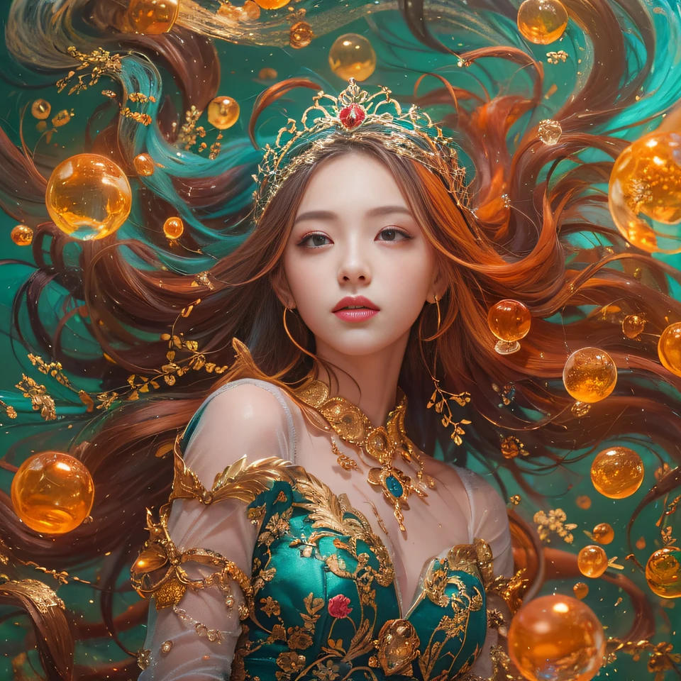 cyan colors,blue colors,enamel,agates,A flesh-colored world,Blood Girl 32K(tmasterpiece,k hd,Aoyama Pond,hyper HD,32K)Long flowing bright orange hair,blood pond,zydink, a color,Grumpy (Post-halo), (Linen scarf), Combat posture, looking at the ground, long whitr hair, Floating bright orange, Fire cloud pattern gold tiara, Chinese long-sleeved gold silk burgundy garment, (Abstract metaverse splash:1.2), white backgrounid,Lotus vitality protector(realisticlying:1.4),Bright purple hair,Smoke on the road,The background is pure, A high resolution, the detail, RAW photogr, Sharp Re, Nikon D850 Film Stock Photo by Jefferies Lee 4 Kodak Portra 400 Camera F1.6 shots, Rich colors, ultra-realistic vivid textures, Dramatic lighting, Unreal Engine Art Station Trend, cinestir 800,A girl with long flowing bright orange hair,Huge multicolored bubbles