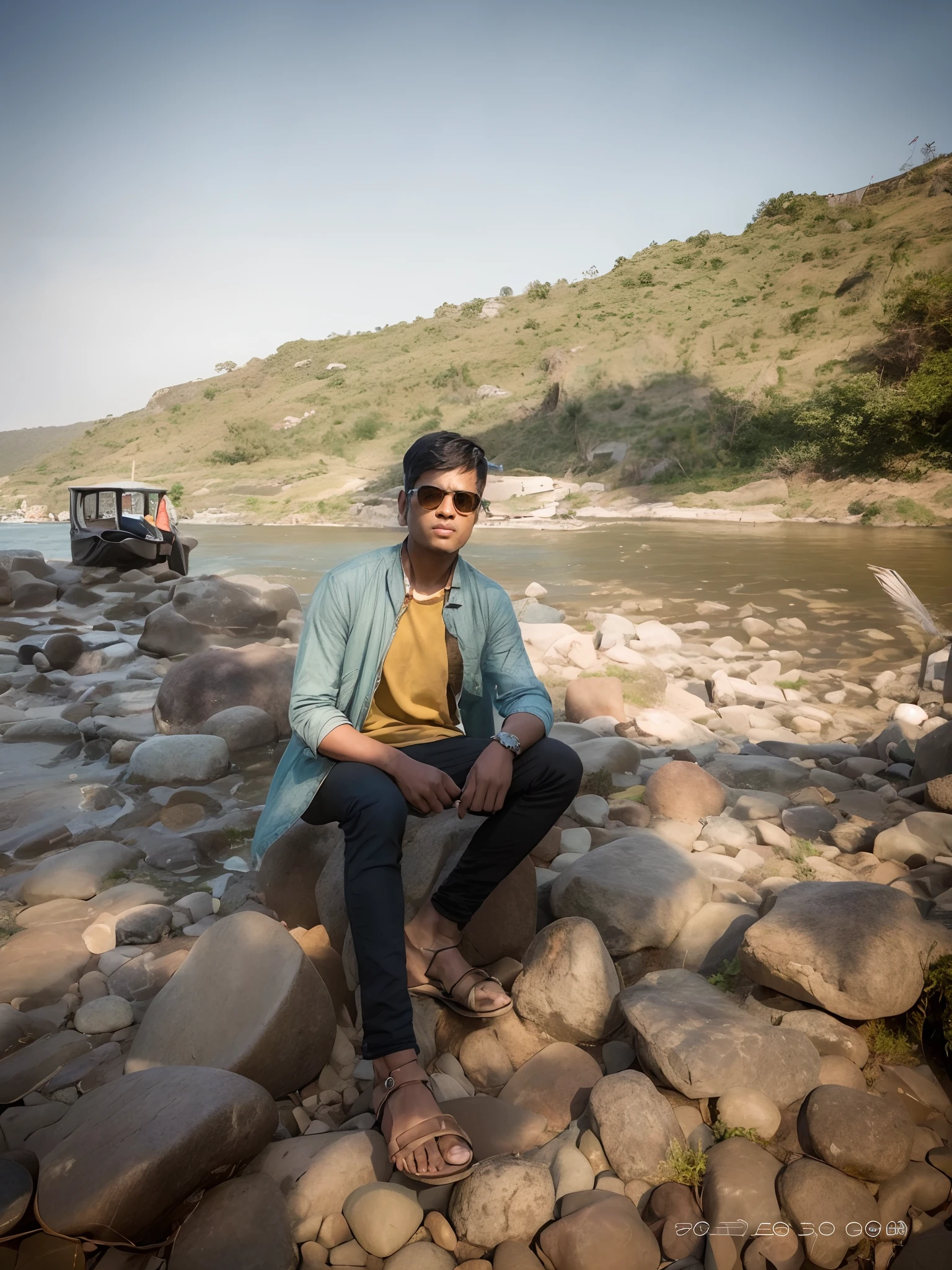 there is a man sitting on a rock by the water, sitting near a river, river in front of him, near a river, river in the background, with a cool pose, by Rajesh Soni, cool pose, amidst nature, very artistic pose, stylish pose, scenary, photo taken in 2 0 2 0, candid picture, taken with sony alpha 9