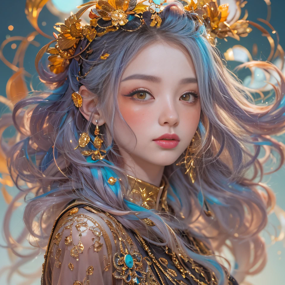 cyan colors,blue colors,enamel,agates,A flesh-colored world,Blood Girl 32K(tmasterpiece,k hd,Aoyama Pond,hyper HD,32K)Long flowing bright orange hair,blood pond,zydink, a color,Grumpy (Post-halo), (Linen scarf), Combat posture, looking at the ground, long whitr hair, Floating bright orange, Fire cloud pattern gold tiara, Chinese long-sleeved gold silk burgundy garment, (Abstract metaverse splash:1.2), white backgrounid,Lotus vitality protector(realisticlying:1.4),Bright purple hair,Smoke on the road,The background is pure, A high resolution, the detail, RAW photogr, Sharp Re, Nikon D850 Film Stock Photo by Jefferies Lee 4 Kodak Portra 400 Camera F1.6 shots, Rich colors, ultra-realistic vivid textures, Dramatic lighting, Unreal Engine Art Station Trend, cinestir 800,A girl with long flowing bright orange hair,Huge multicolored bubbles